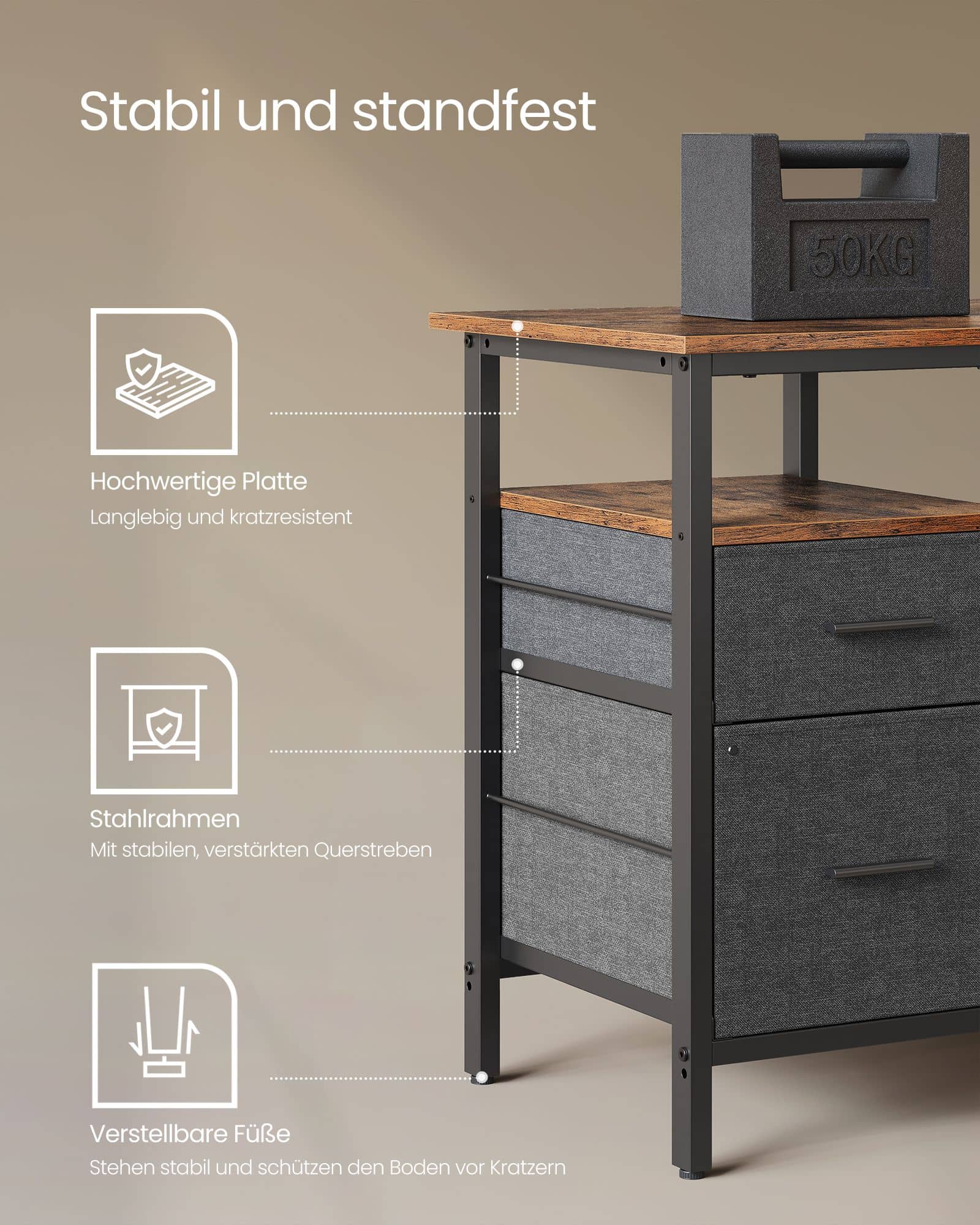 L-förmiger Schreibtisch mit Steckdosen vintagebraun L-förmiger Schreibtisch mit Steckdosen vintagebraun