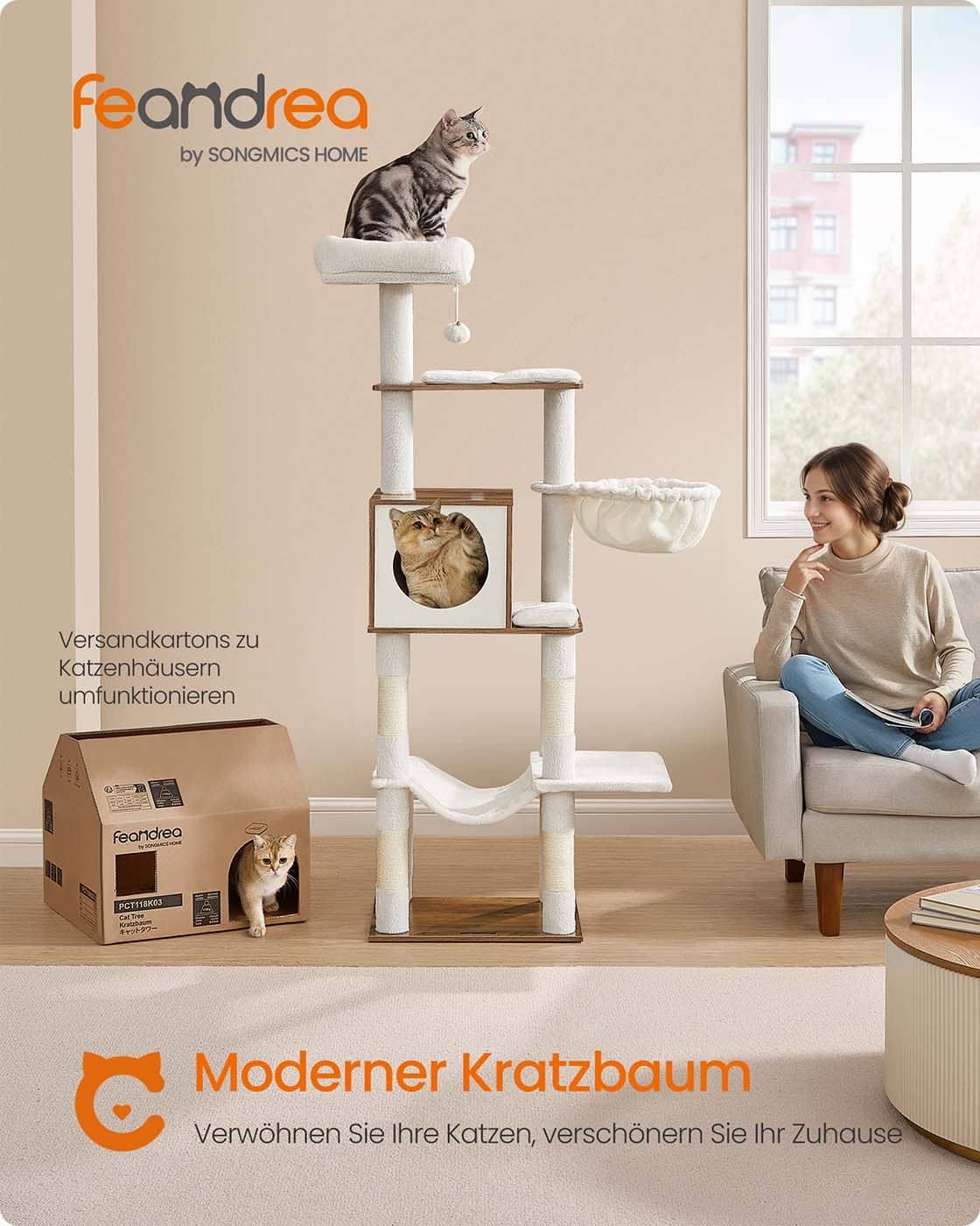 Kratzbaum groß 165 cm Höhe mit Hängematte honigbraun