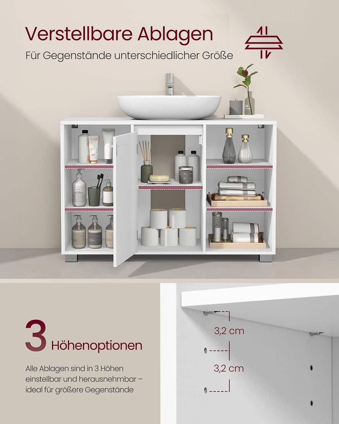 Waschbeckenunterschrank mit verstellbaren Ablagen