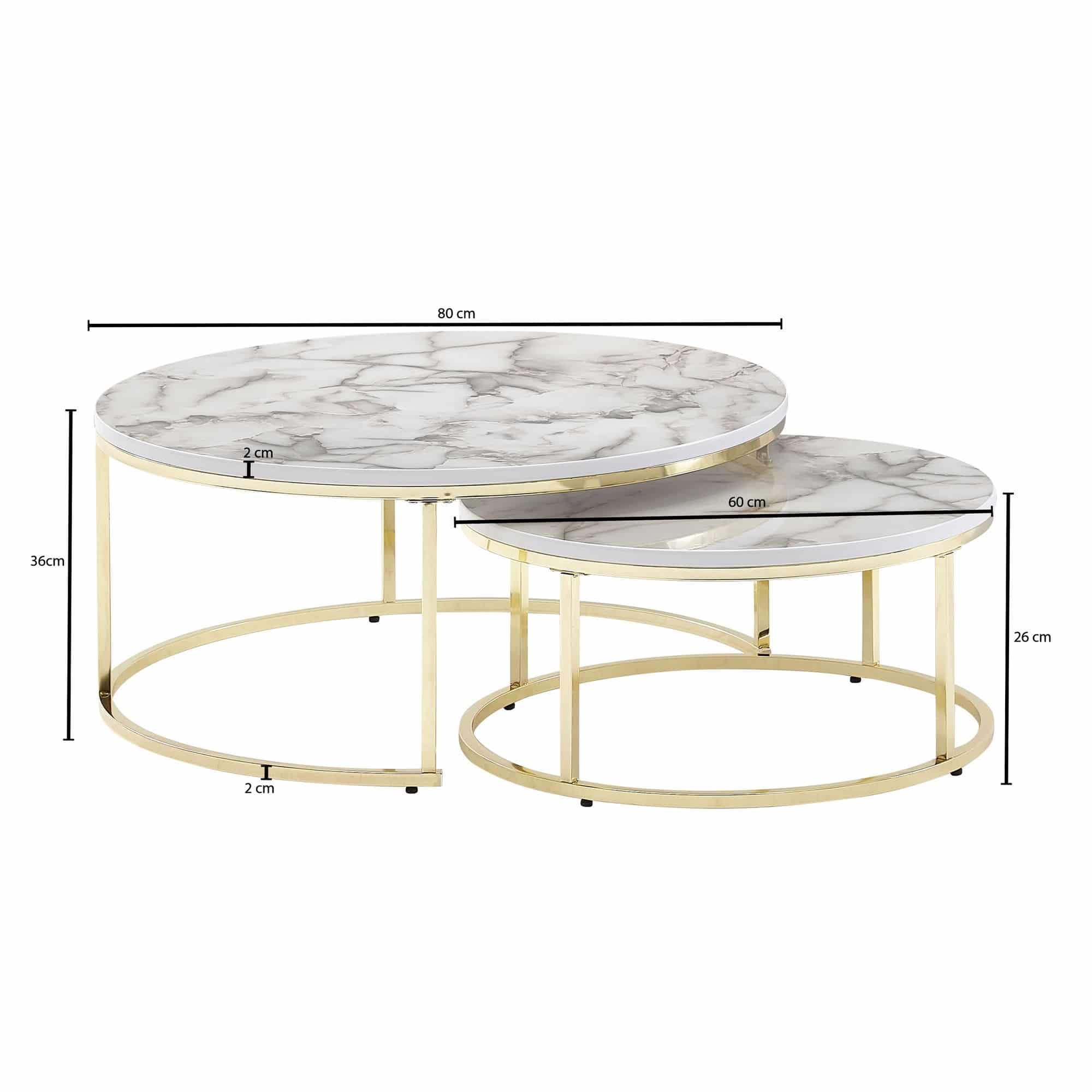 64464-Wohnling-2er-Set-Couchtisch-Messing-Gold-Marmor-Optik-WL6-508-WL6-508 Couchtisch 2er Set Weiß Gold Marmor Optik Sofatisch Rund Modern