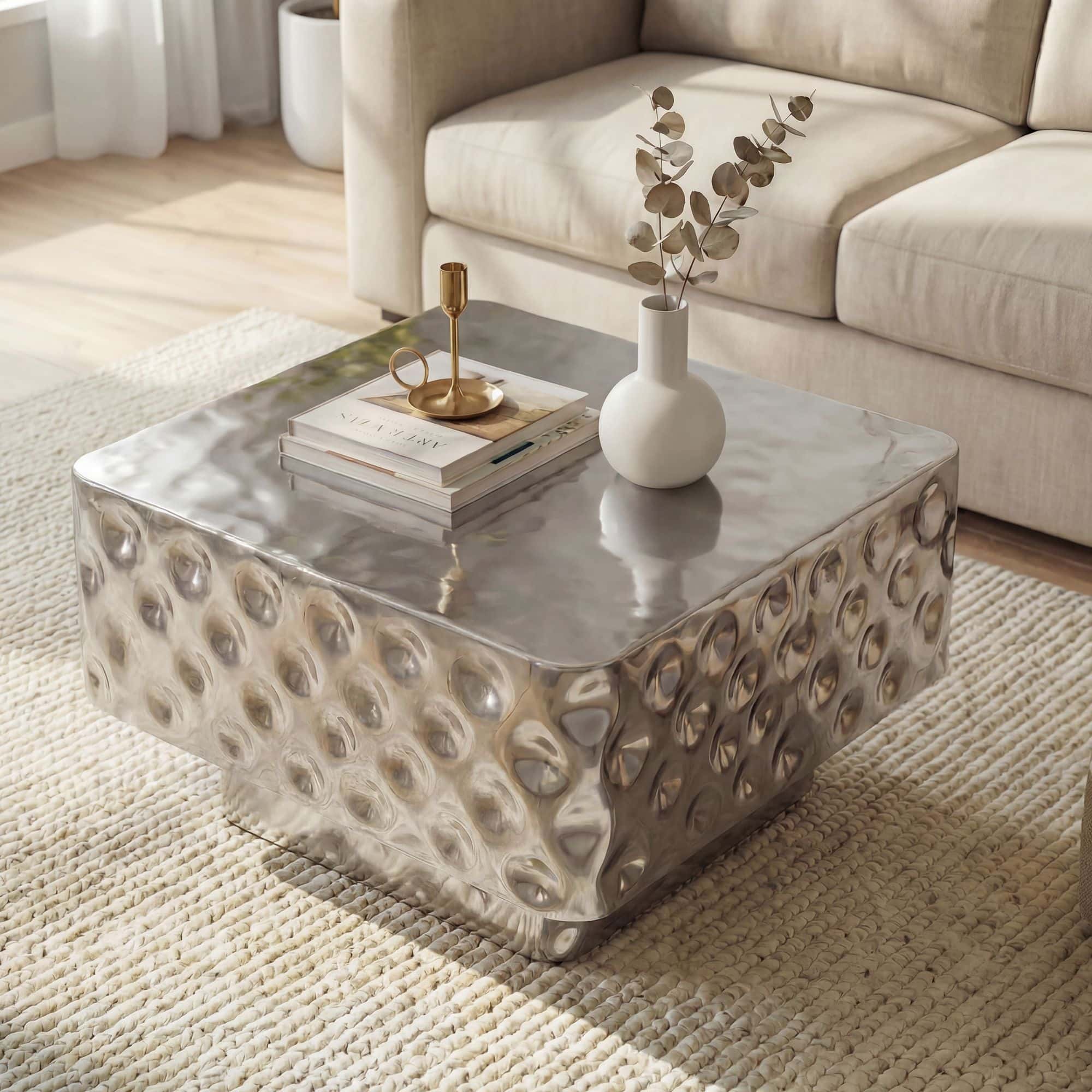 Couchtisch Aluminium Quadratisch 60cm Silber - Design Wohnzimmertisch Gehämmert - Moderner Loungetisch - Sofatisch Hammerschlag - Beistelltisch Wohnzimmer Handmade