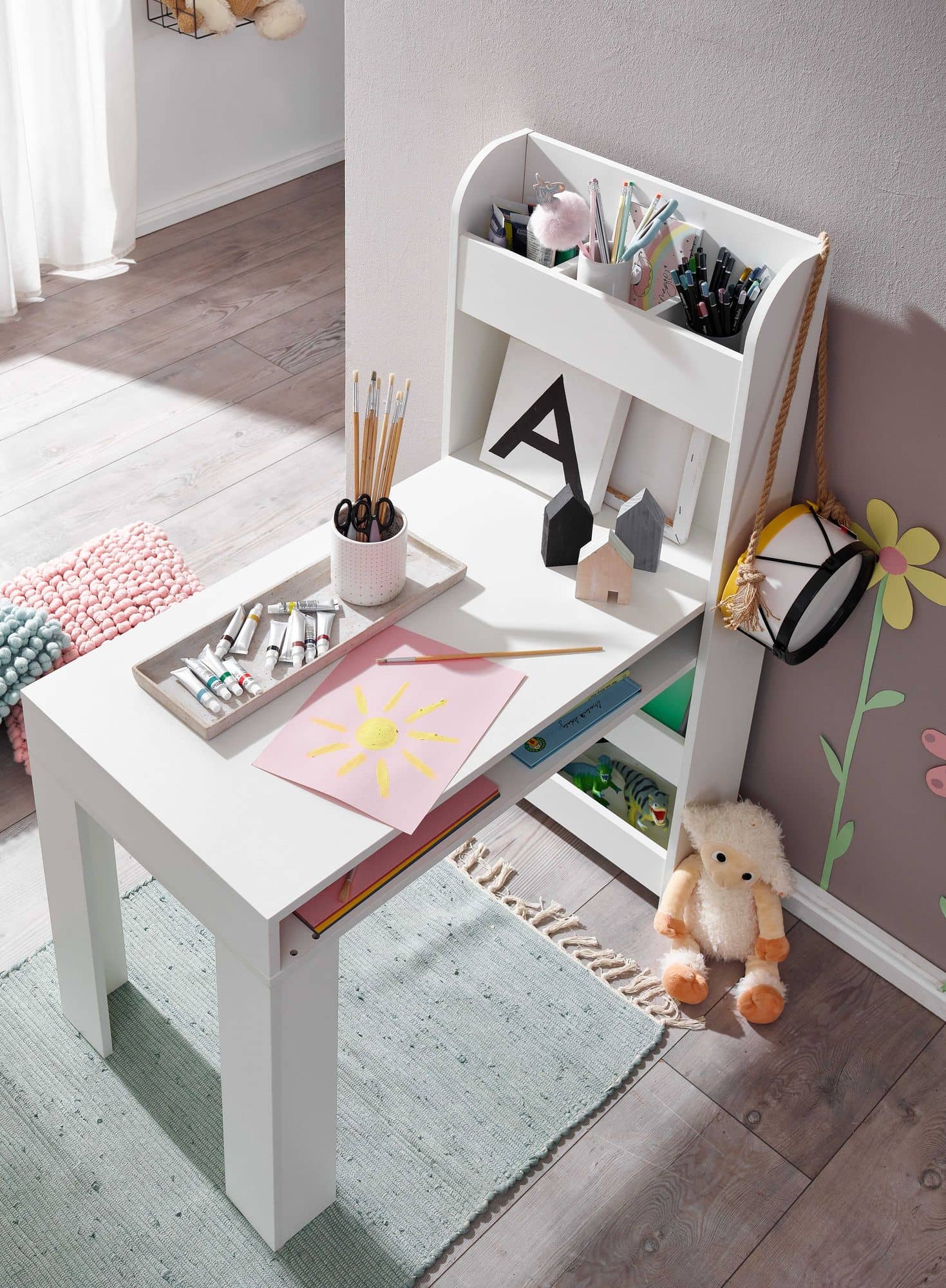 62549-WOHNLING-Kinderschreibtisch-90X50X110cm-weiss-WL6-388-WL6-388_6 Kinderschreibtisch Weiß 90x50x110 cm Maltisch Kinderzimmer mit Regal