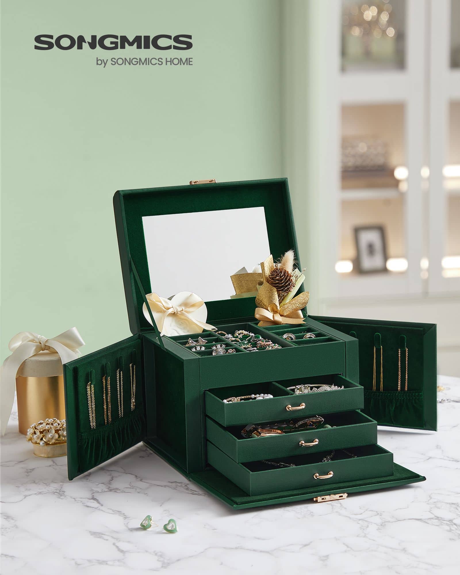 Schmuckkästchen 4 Ebenen mit Spiegel vintagegrün-JBC159C01