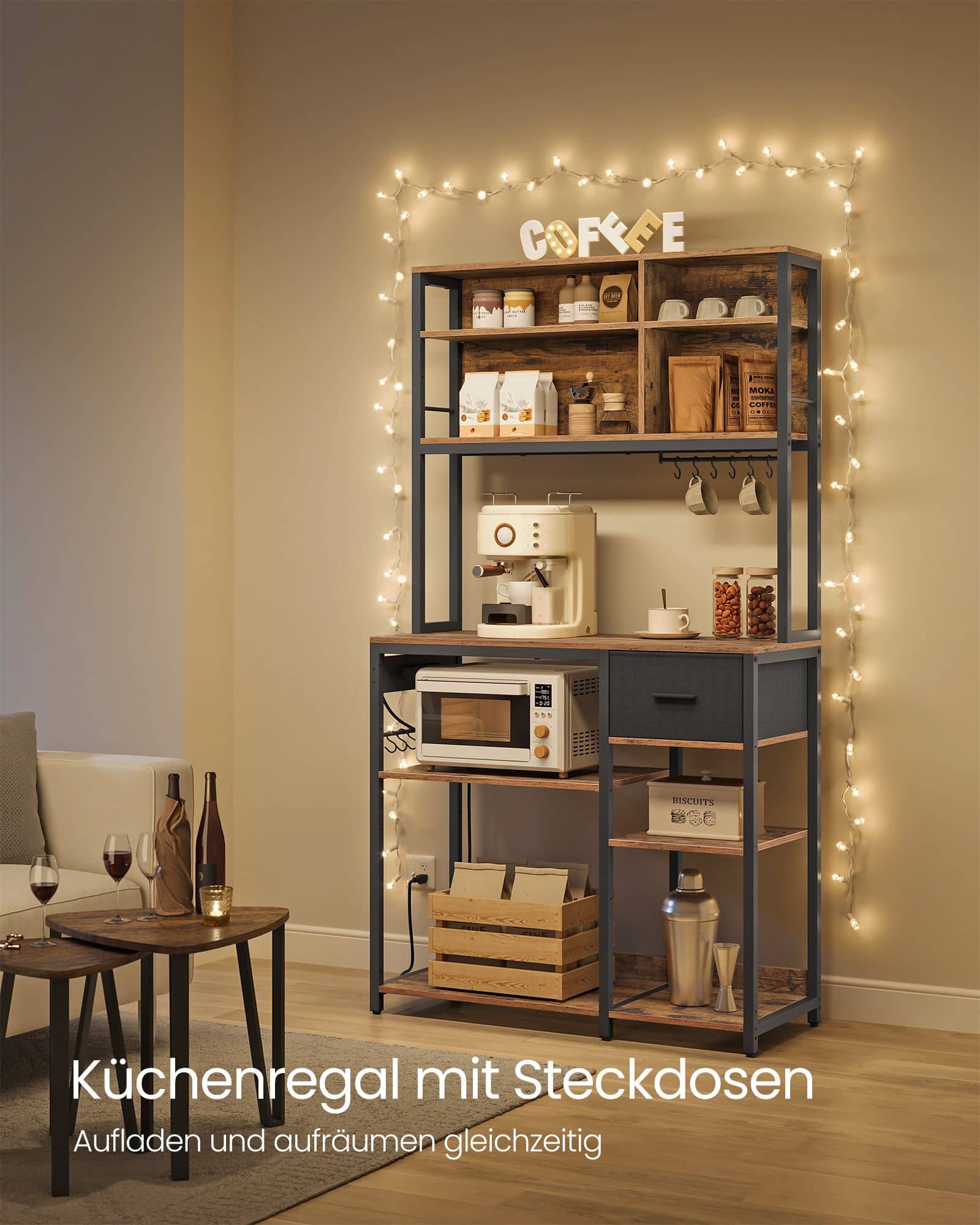 Küchenregal mit Steckdosen und Stoffschublade 40 x 100 x 180,4 cm Küchenregal mit Steckdosen und Stoffschublade 40 x 100 x 180,4 cm