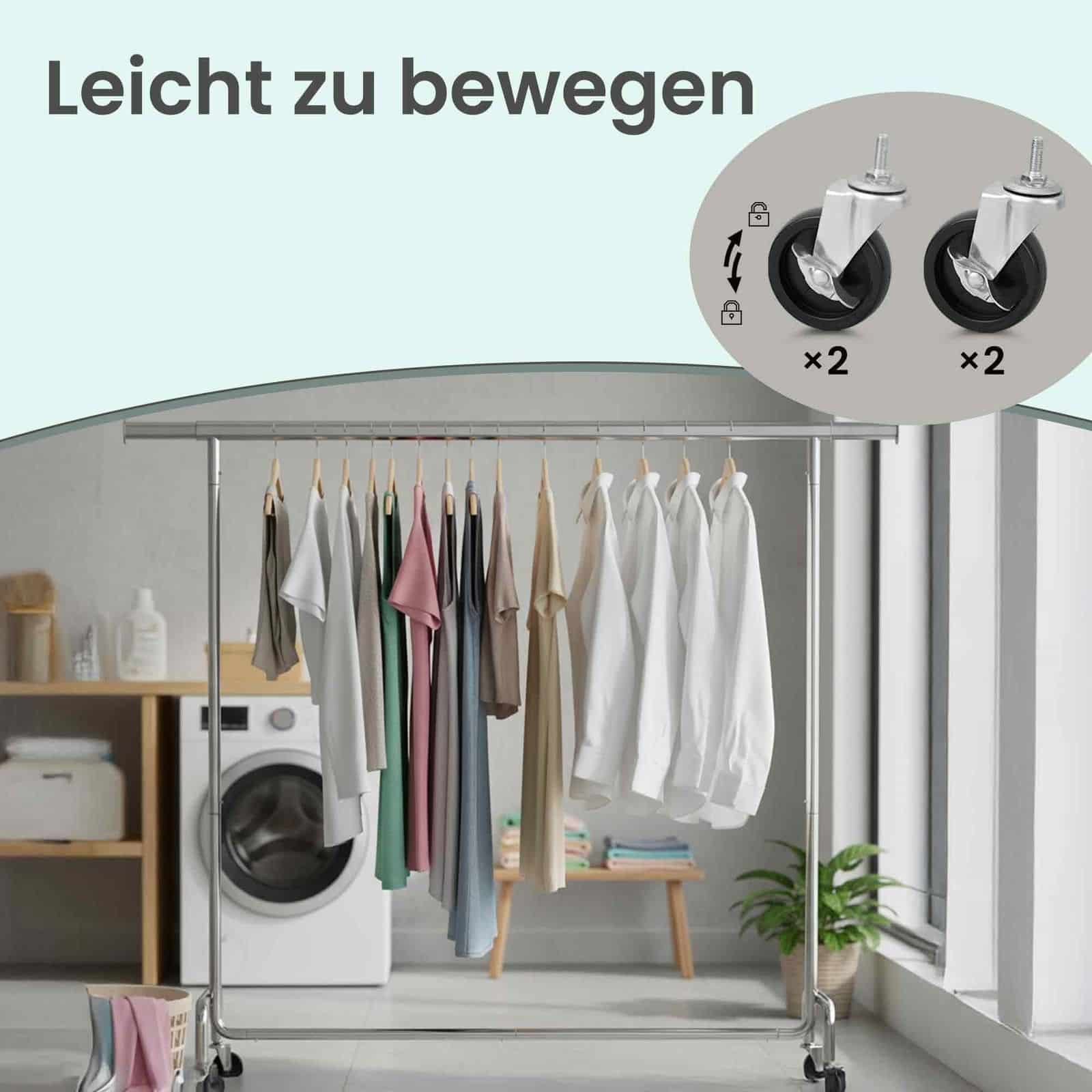 Kleiderständer auf Rollen, ausziehbare Kleiderstange, bis 110 kg belastbar Kleiderständer auf Rollen, ausziehbare Kleiderstange, bis 110 kg belastbar