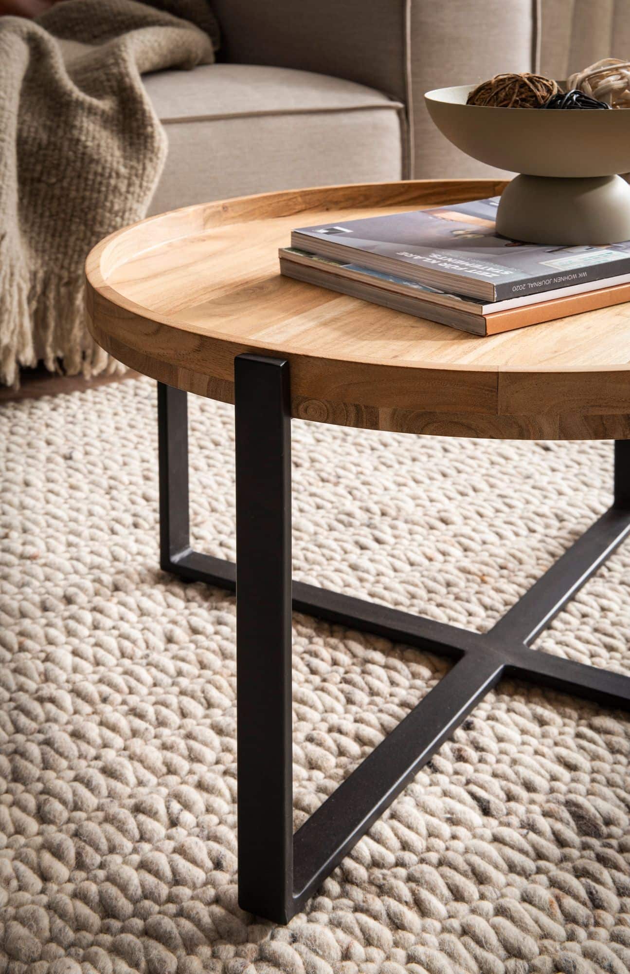 Couchtisch 60x60x36 cm Akazie Massivholz Metall Hellbraun Sofatisch Rund Couchtisch 60x60x36 cm Akazie Massivholz Metall Hellbraun Sofatisch Rund