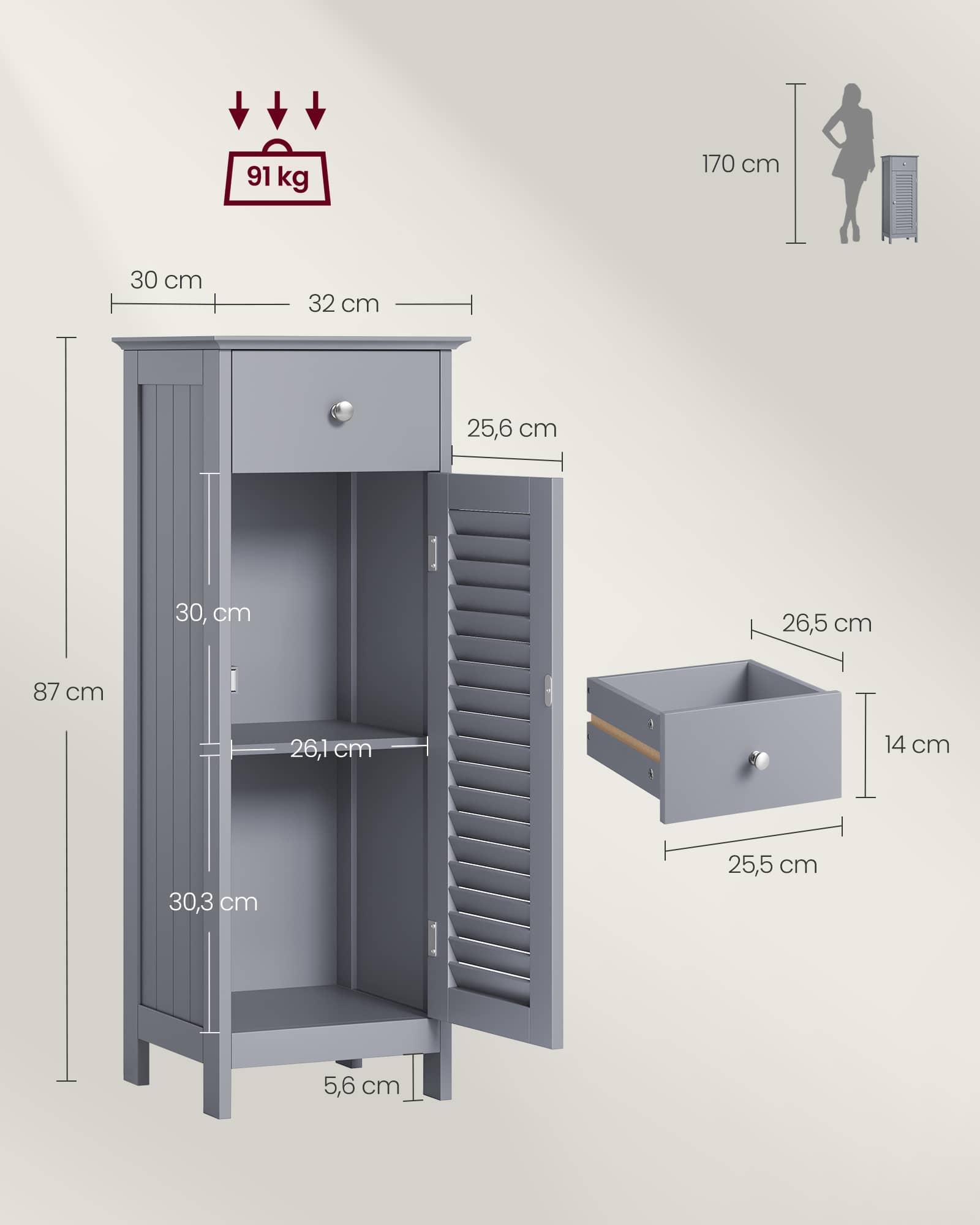 Badezimmerschrank schmal mit Schublade und Lamellentür Badezimmerschrank schmal mit Schublade und Lamellentür