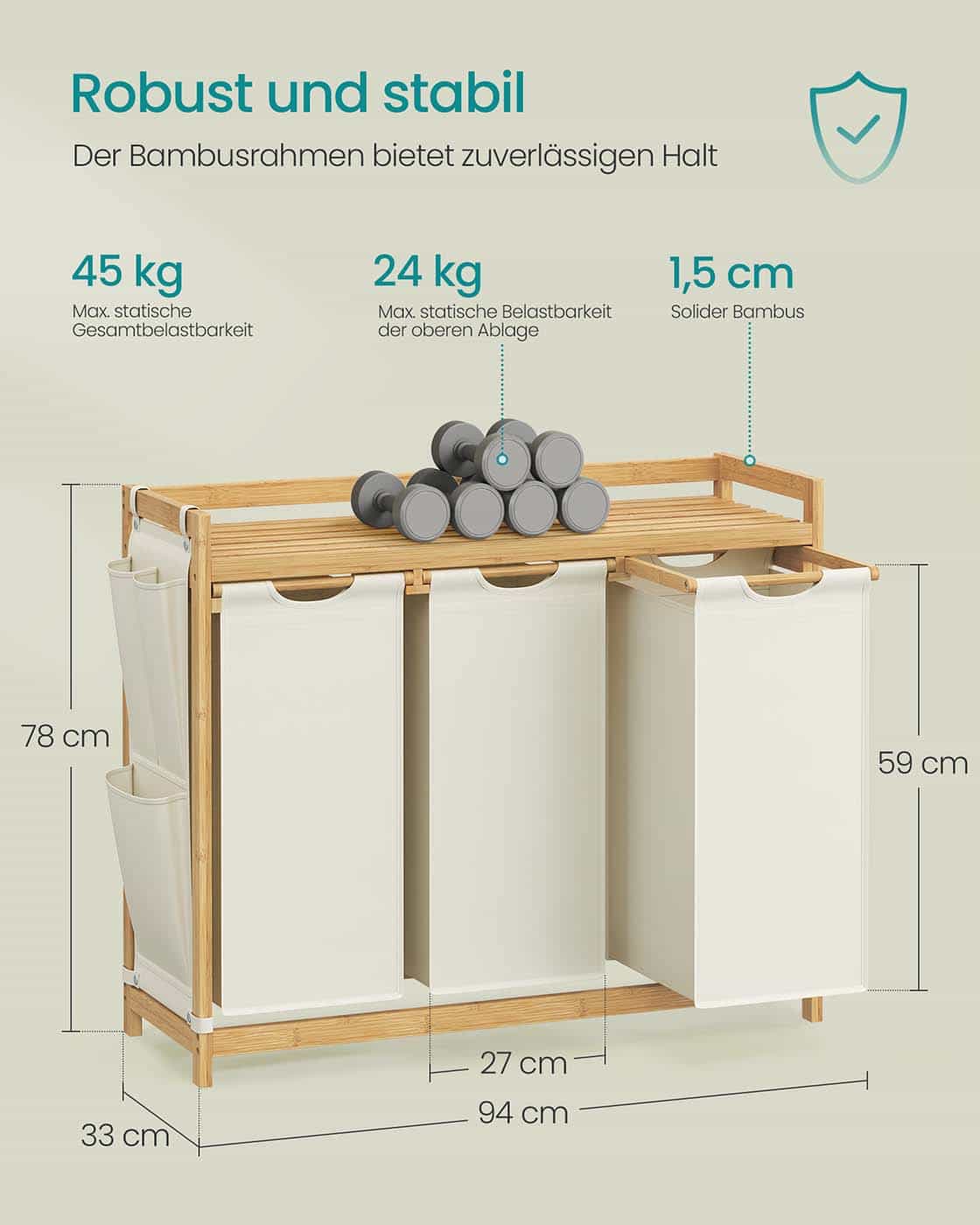 Wäschekorb 3 Fächer 3 x 50 L 94 x 33 x 78 cm cremeweiß Wäschekorb 3 Fächer 3 x 50 L 94 x 33 x 78 cm cremeweiß
