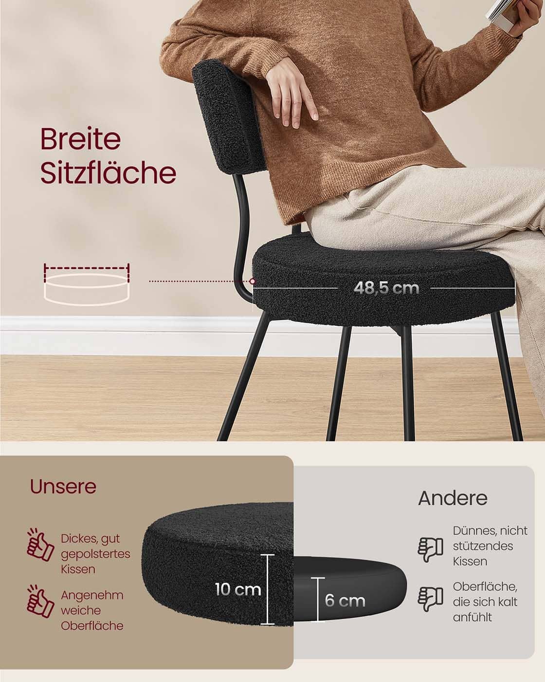 Esszimmerstuhl 2er Set mit Fleece Oberfläche tintenschwarz Esszimmerstuhl 2er Set mit Fleece Oberfläche tintenschwarz