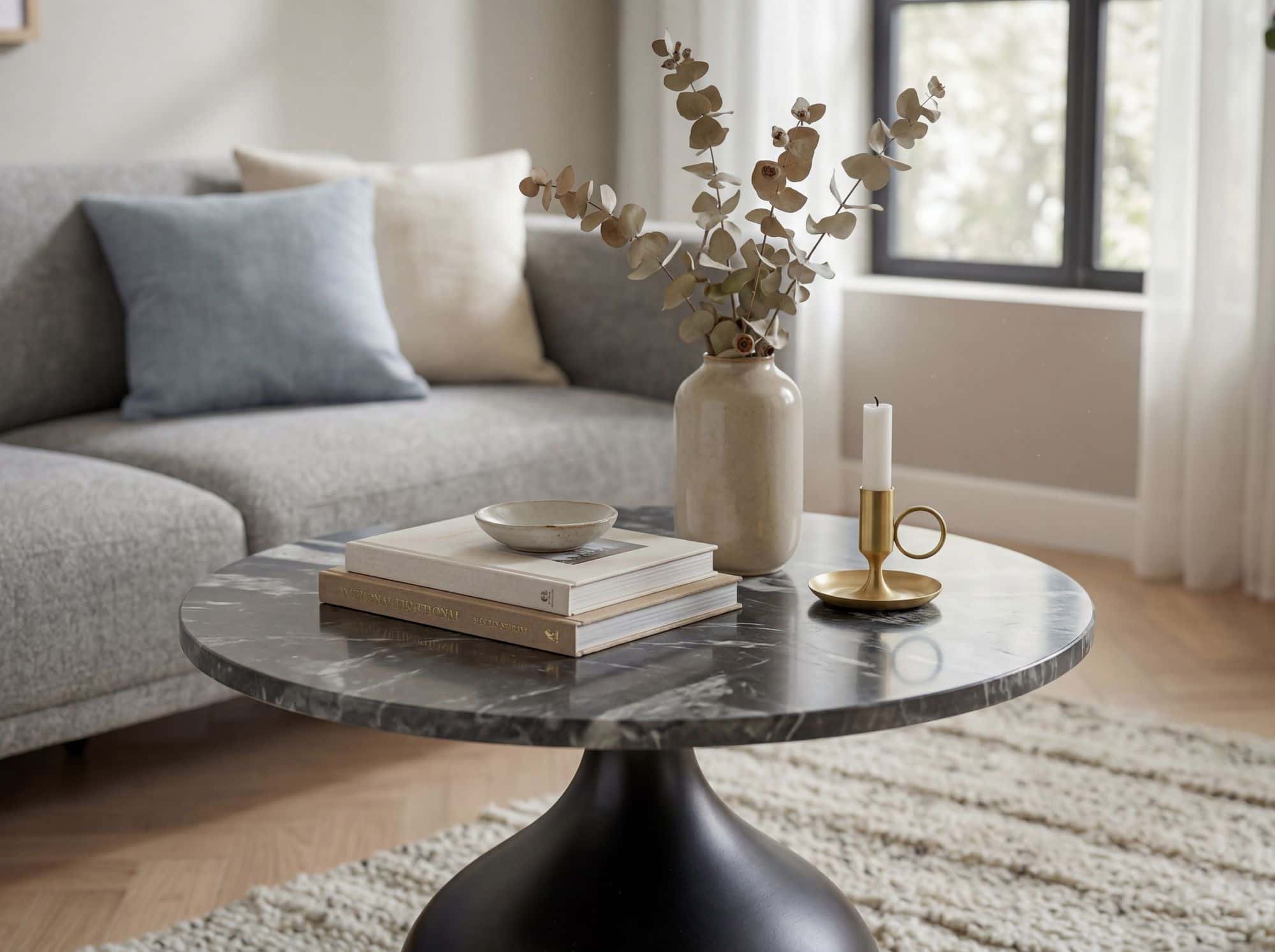 Couchtisch 60cm Aluminium mit schwarzer Marmor Tischplatte - Runder Wohnzimmertisch - Design Sofatisch - Moderner Loungetisch - Edler Beistelltisch Wohnzimmer Handmade