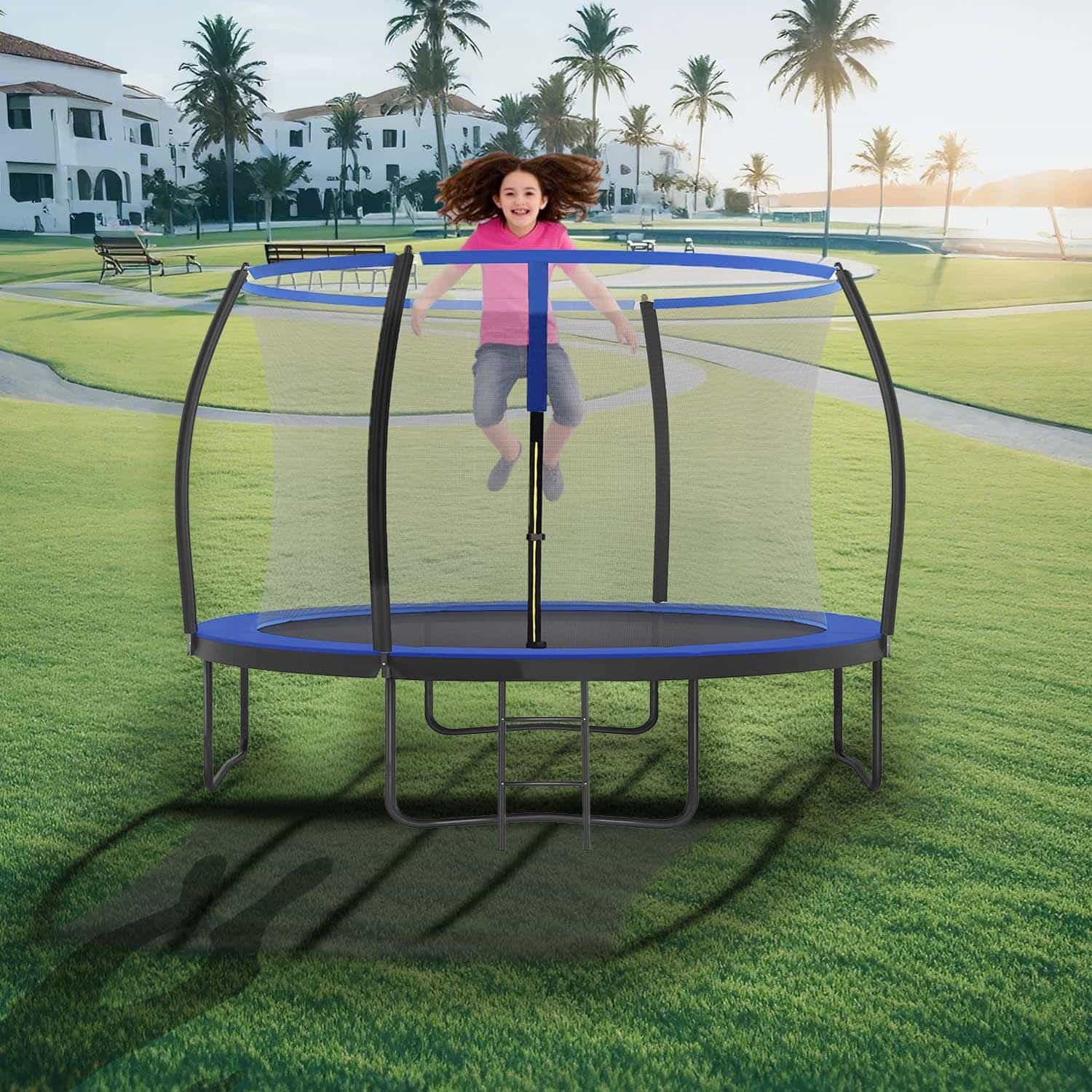 Trampolin 366 cm d, Gartentrampolin mit Sicherheitsnetz, 180 cm hohe gebogene Stangen Trampolin 366 cm d, Gartentrampolin mit Sicherheitsnetz, 180 cm hohe gebogene Stangen