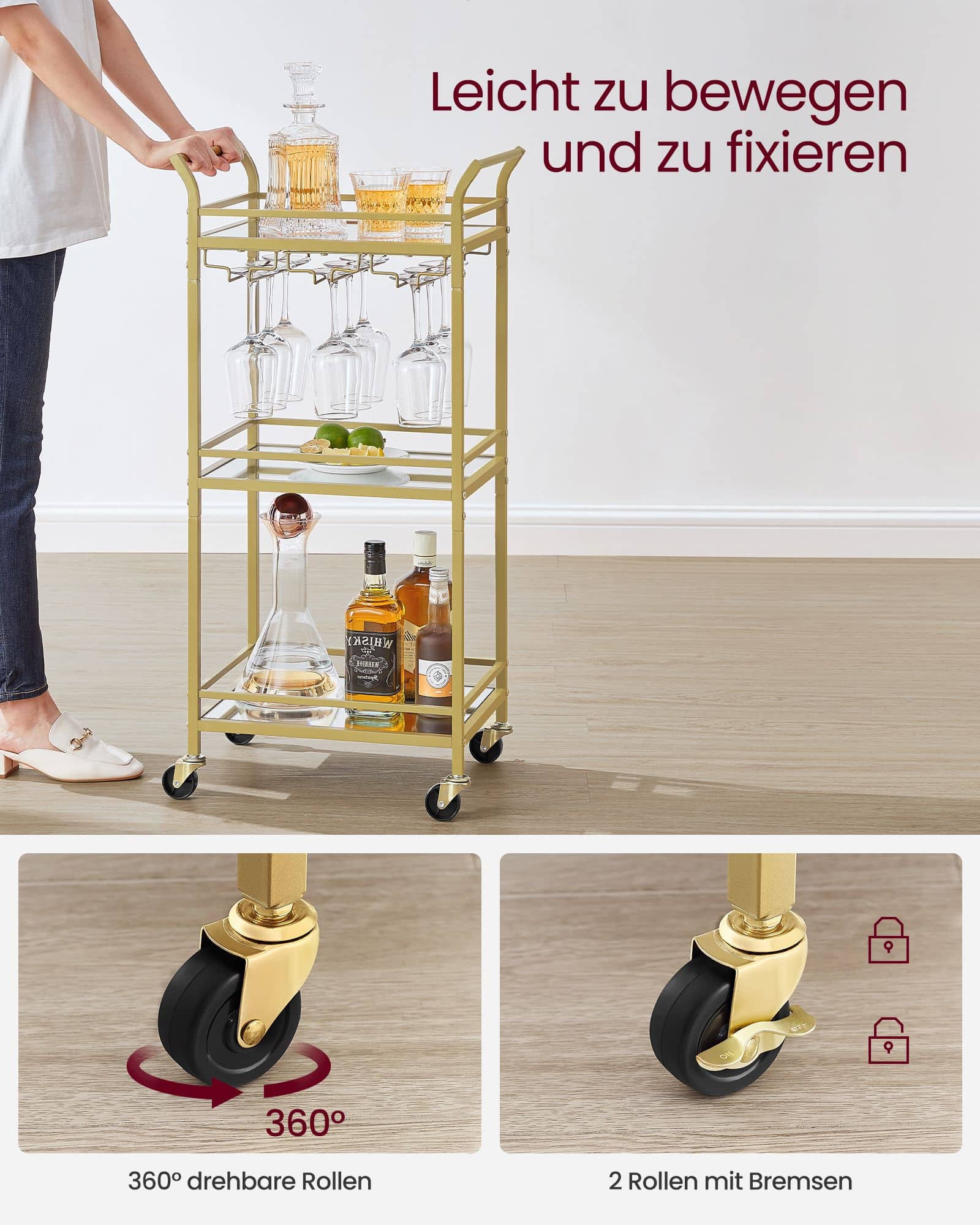 Servierwagen 3 Ebenen mit Rollen goldfarben Servierwagen 3 Ebenen mit Rollen goldfarben