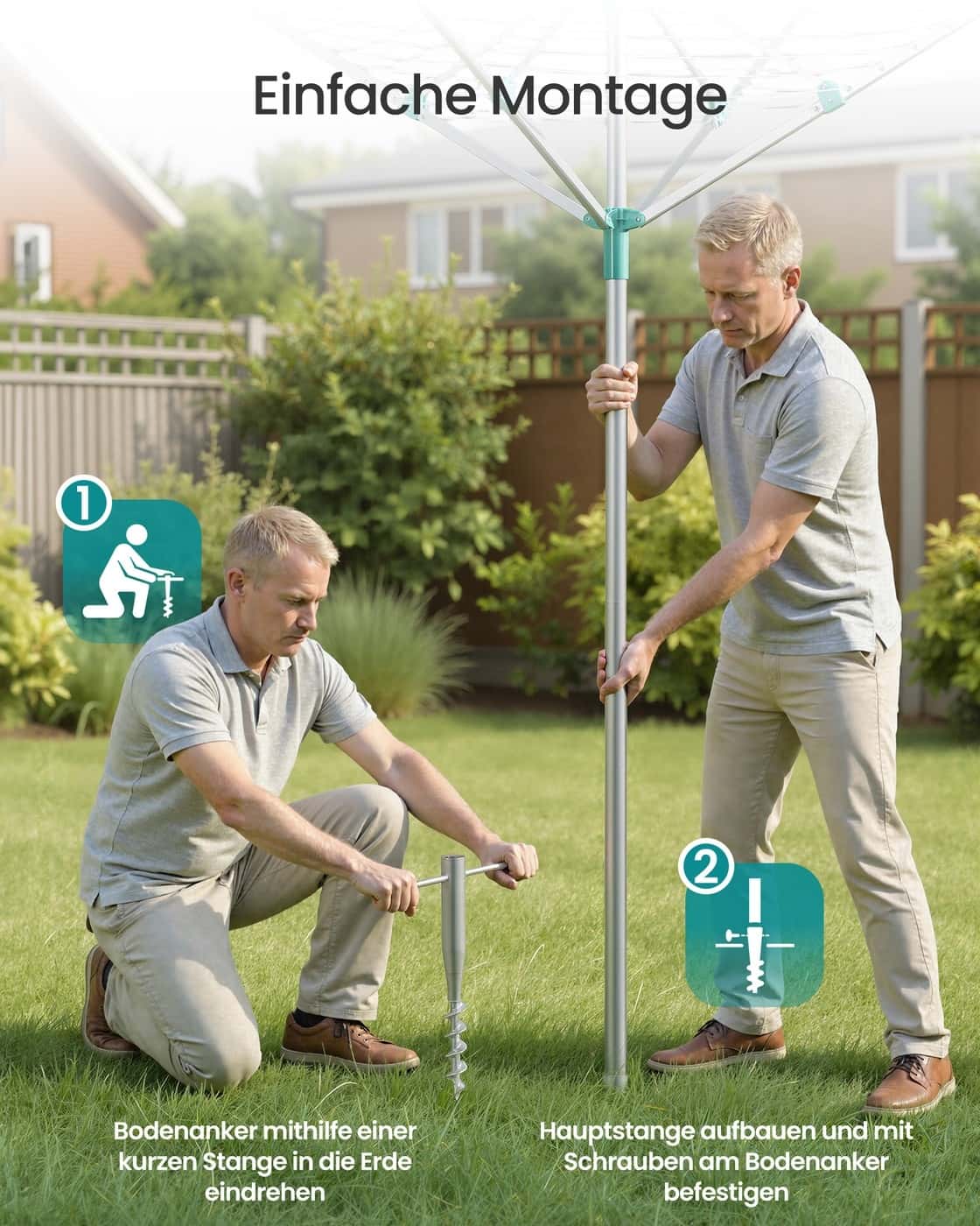 Wäscheständer höhenverstellbar mit Bodenanker für 4 Waschladungen Silbern-grün