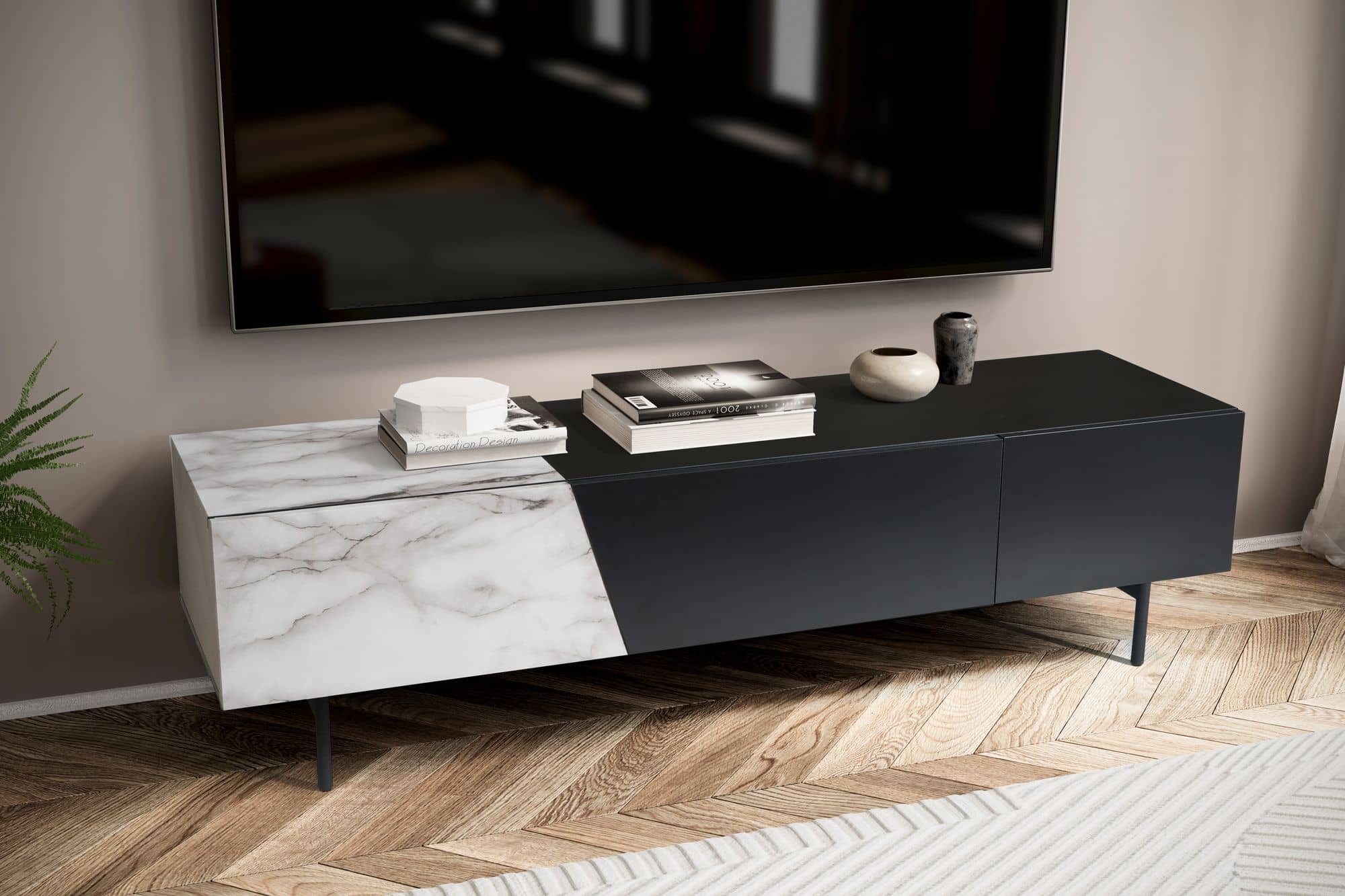 Lowboard Schwarz mit Marmor-Dekor in Weiß 150x40x40 cm TV-Kommode Modern Lowboard Schwarz mit Marmor-Dekor in Weiß 150x40x40 cm TV-Kommode Modern