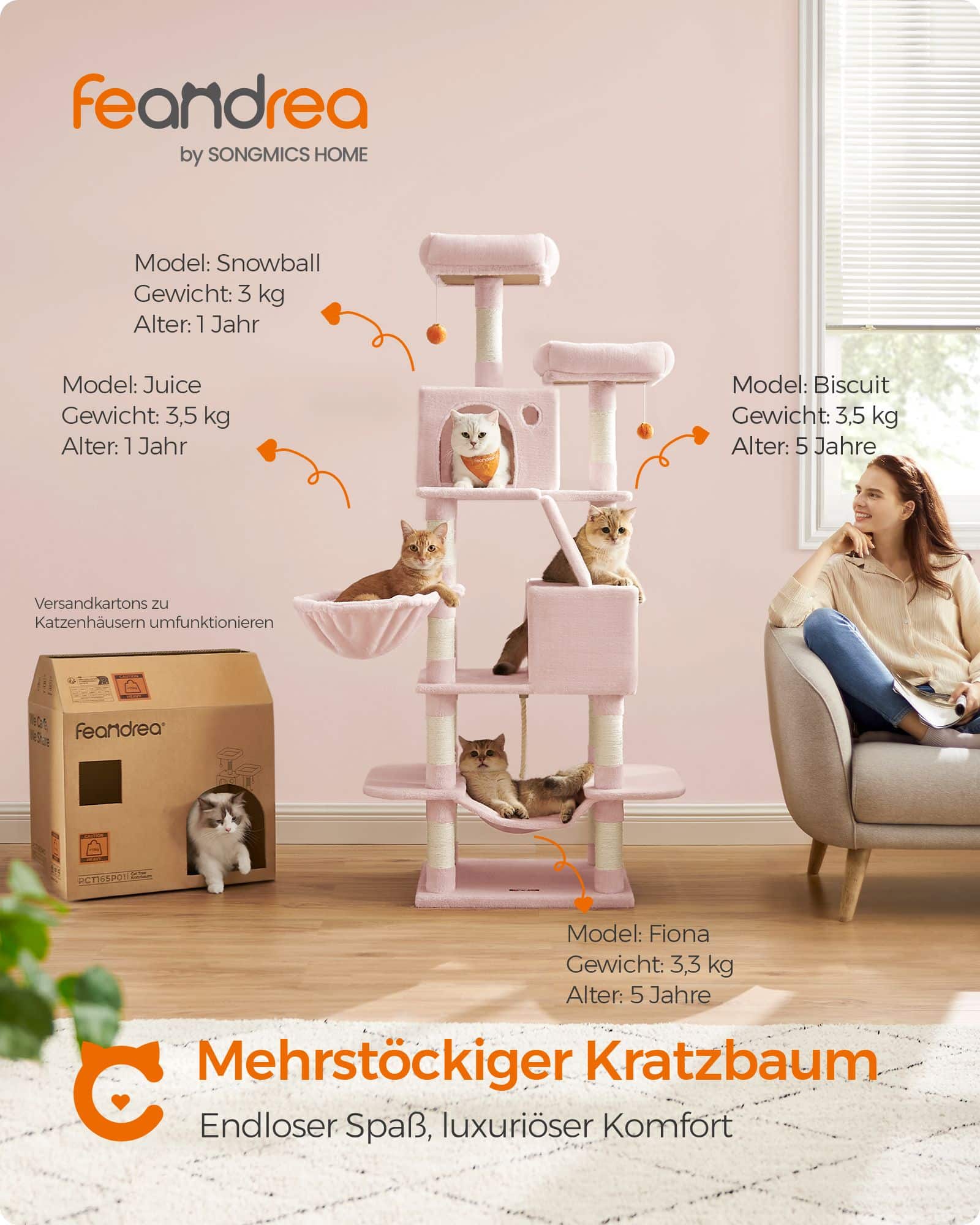 Kratzbaum groß mit 13 Kratzsäulen mehrstöckig pastellrosa Kratzbaum groß mit 13 Kratzsäulen mehrstöckig pastellrosa
