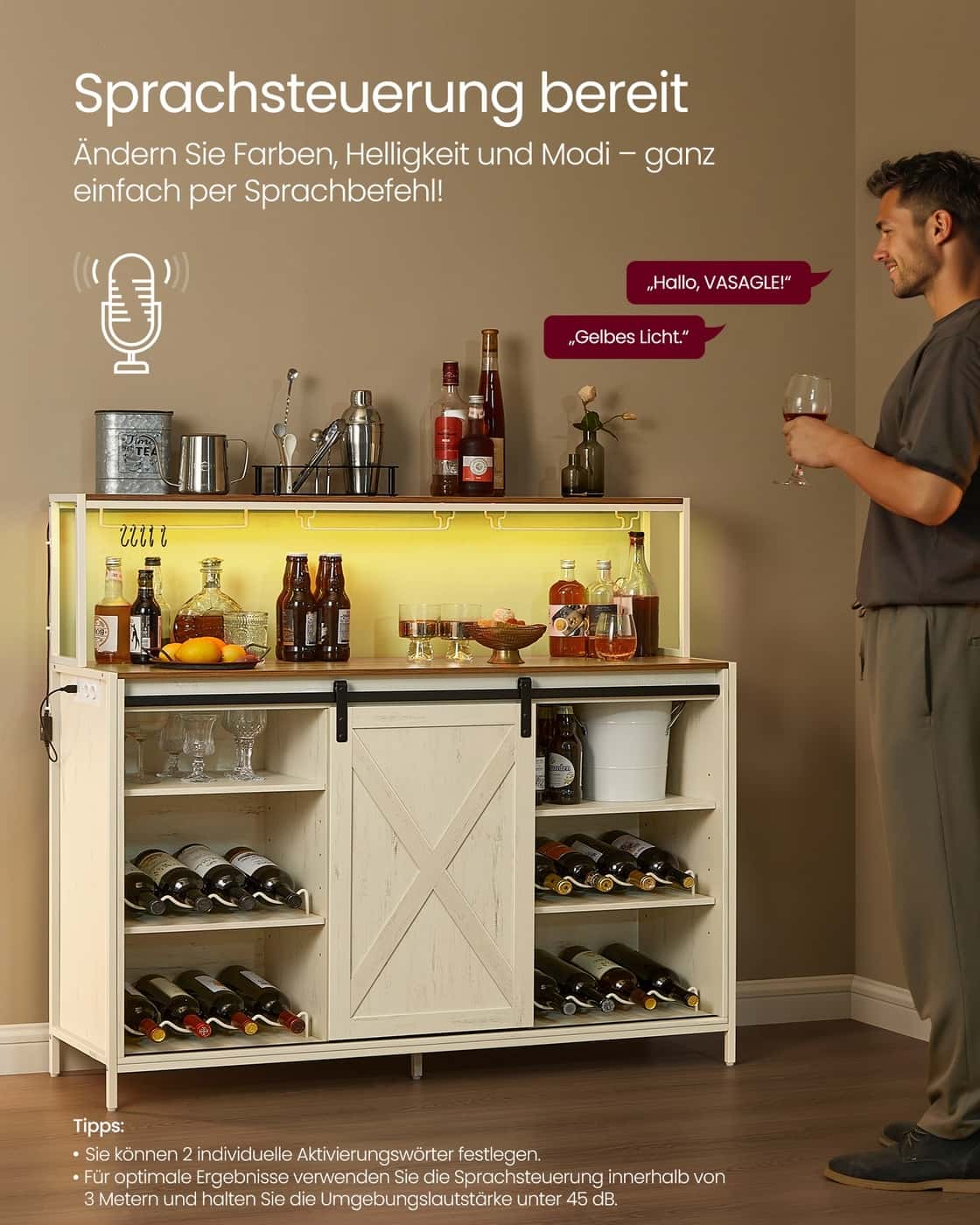 "Barschrank mit LED-Beleuchtung Steckdosenleiste Schiebetüren vintageweiß-honigbraun " "Barschrank mit LED-Beleuchtung Steckdosenleiste Schiebetüren vintageweiß-honigbraun "