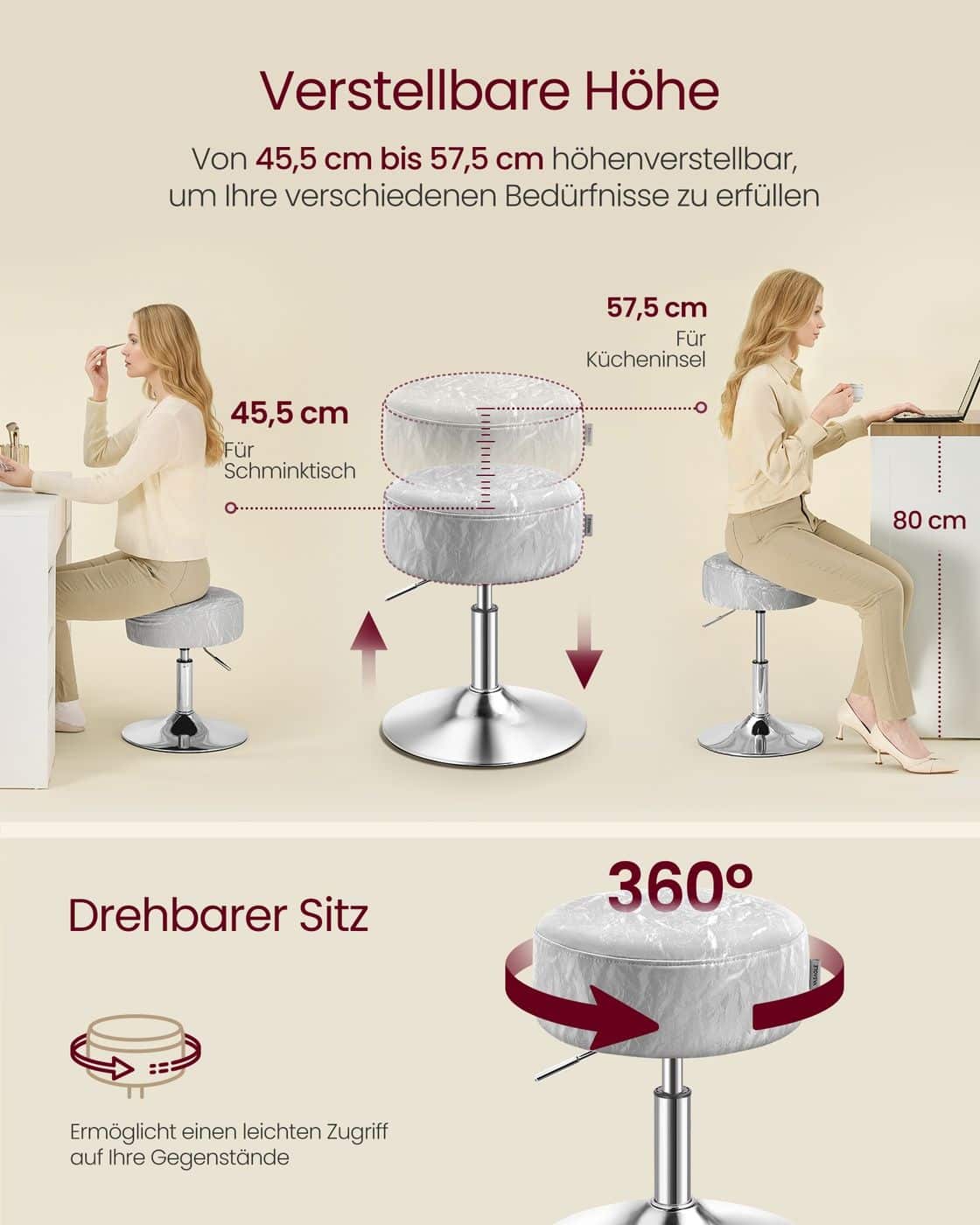 Höhenverstellbarer und 360° drehbarer Schminkhocker Taubengrau