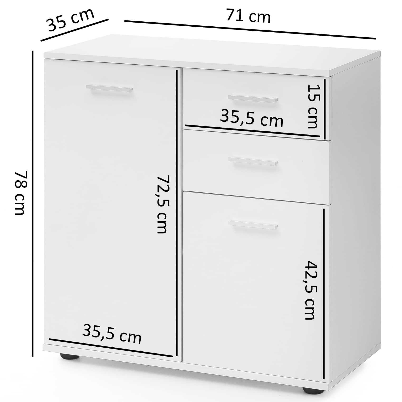 45897-WOHNLING-Kommode-SVENJA-mit-Tueren-und-Schubl Kommode mit Türen & Schubladen 71x78x35,5cm Schrank Holz Weiß