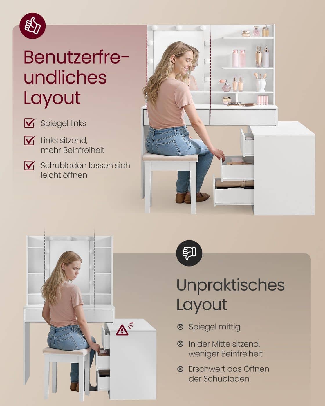 Kailyn Kollektion - Schminktisch mit Spiegel und LED-Beleuchtung Kailyn Kollektion - Schminktisch mit Spiegel und LED-Beleuchtung