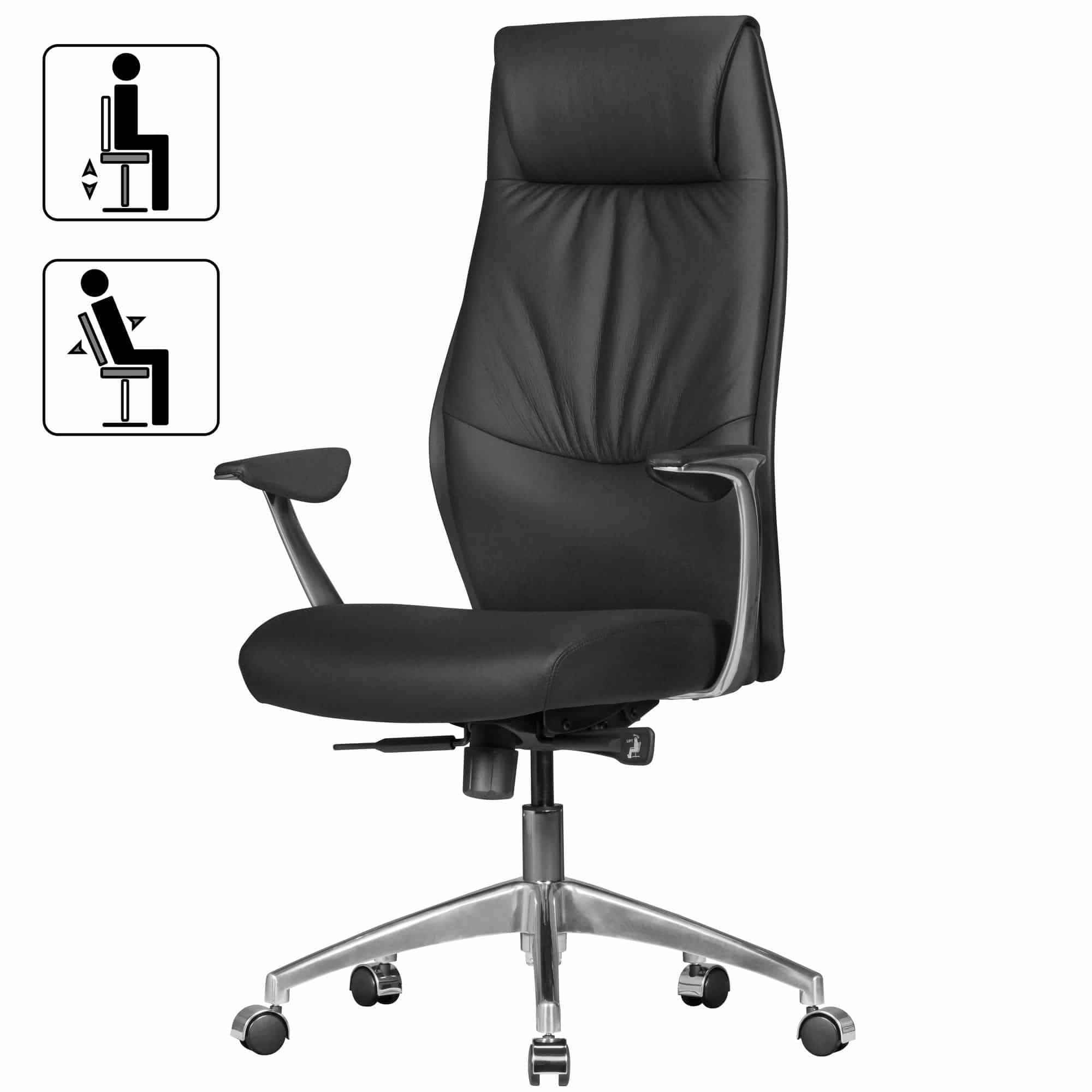 Bürostuhl Echtleder Schwarz Schreibtischstuhl X-XL 120kg Synchronmechanik Chefsessel Kopfstütze hoch Bürostuhl Echtleder Schwarz Schreibtischstuhl X-XL 120kg Synchronmechanik Chefsessel Kopfstütze hoch