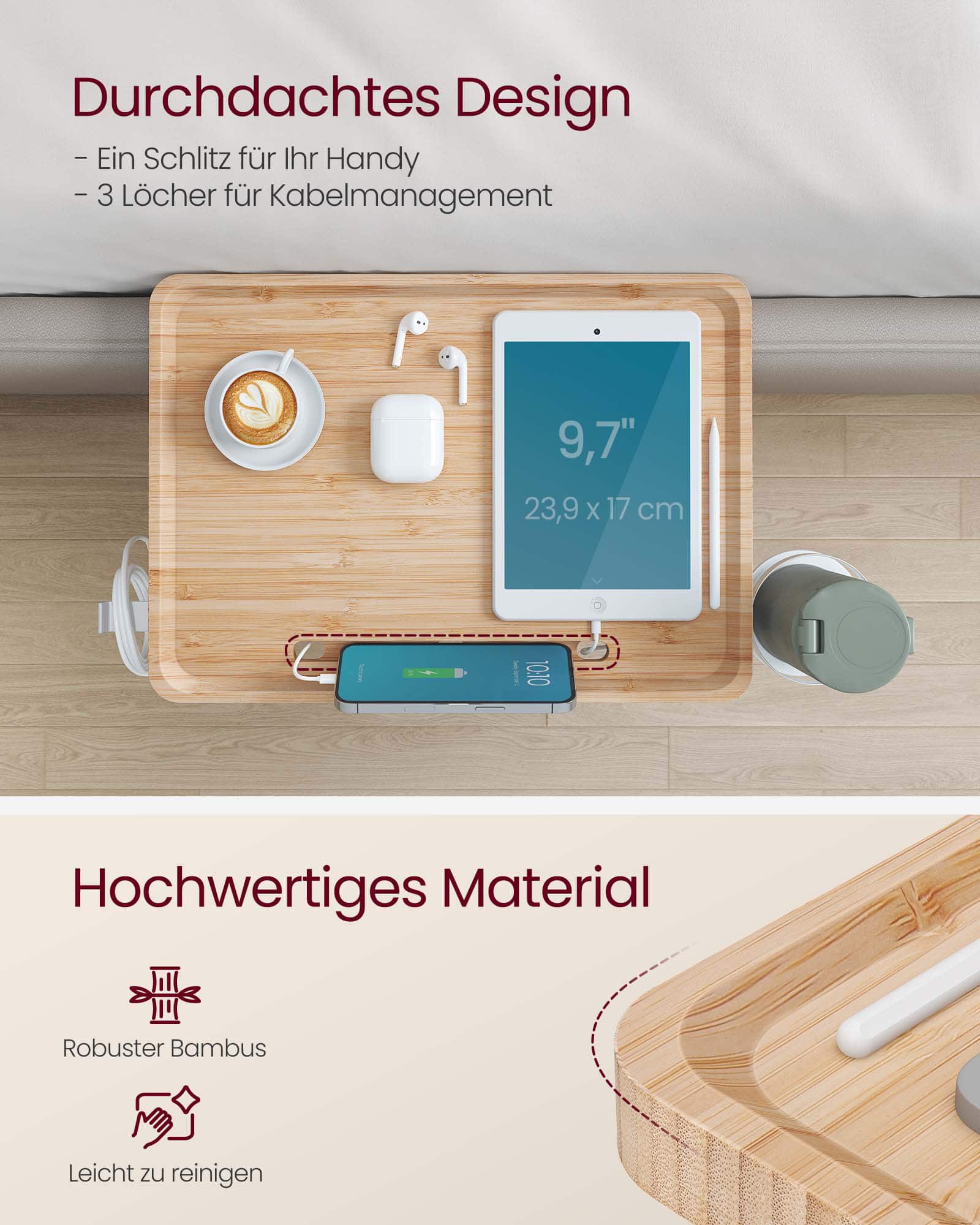 Nachttisch zum Einhängen mit Getränkehalter naturbeige Nachttisch zum Einhängen mit Getränkehalter naturbeige