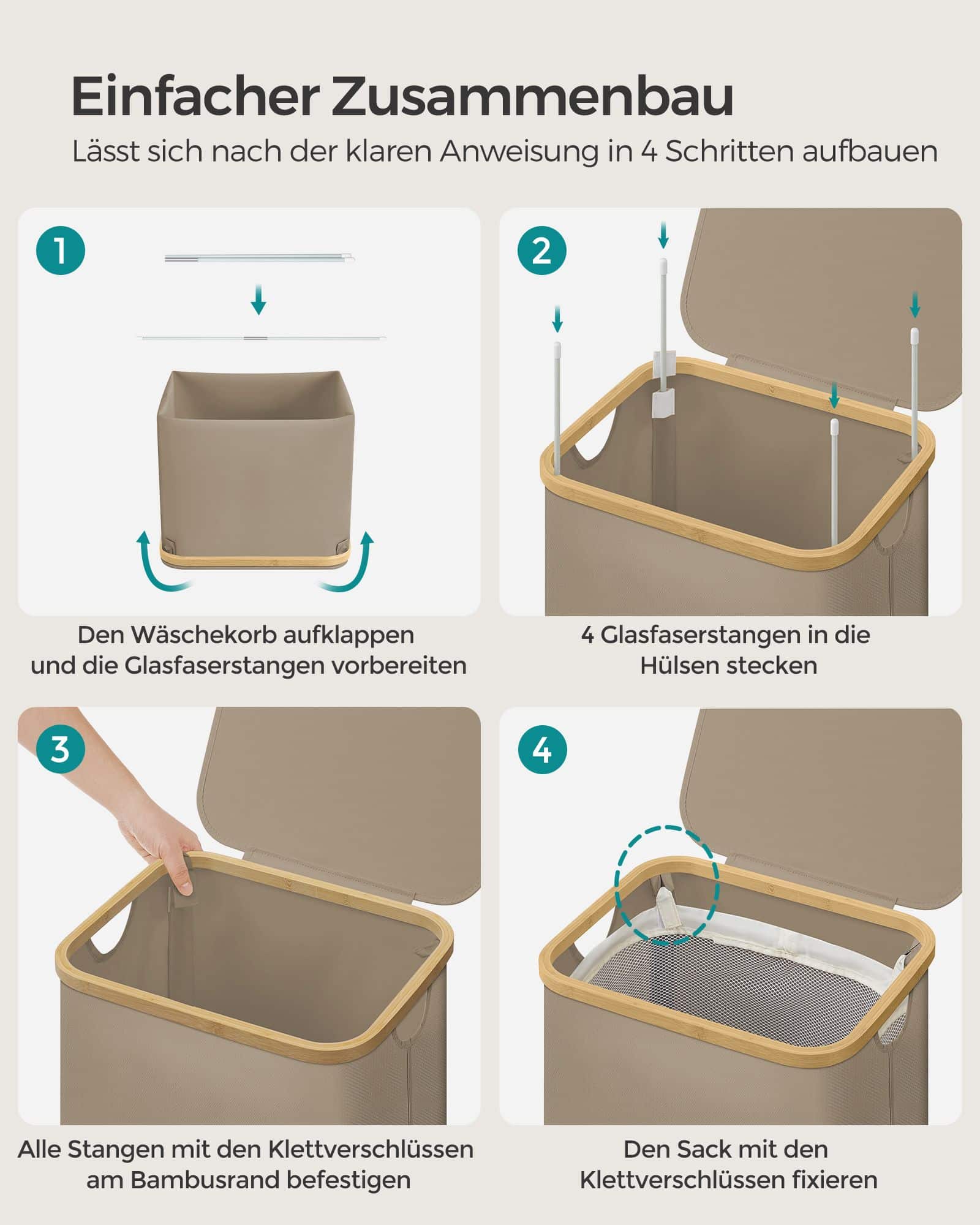 Wäschekorb 90 Liter mit herausnehmbarem Wäschesack kamelbraun
