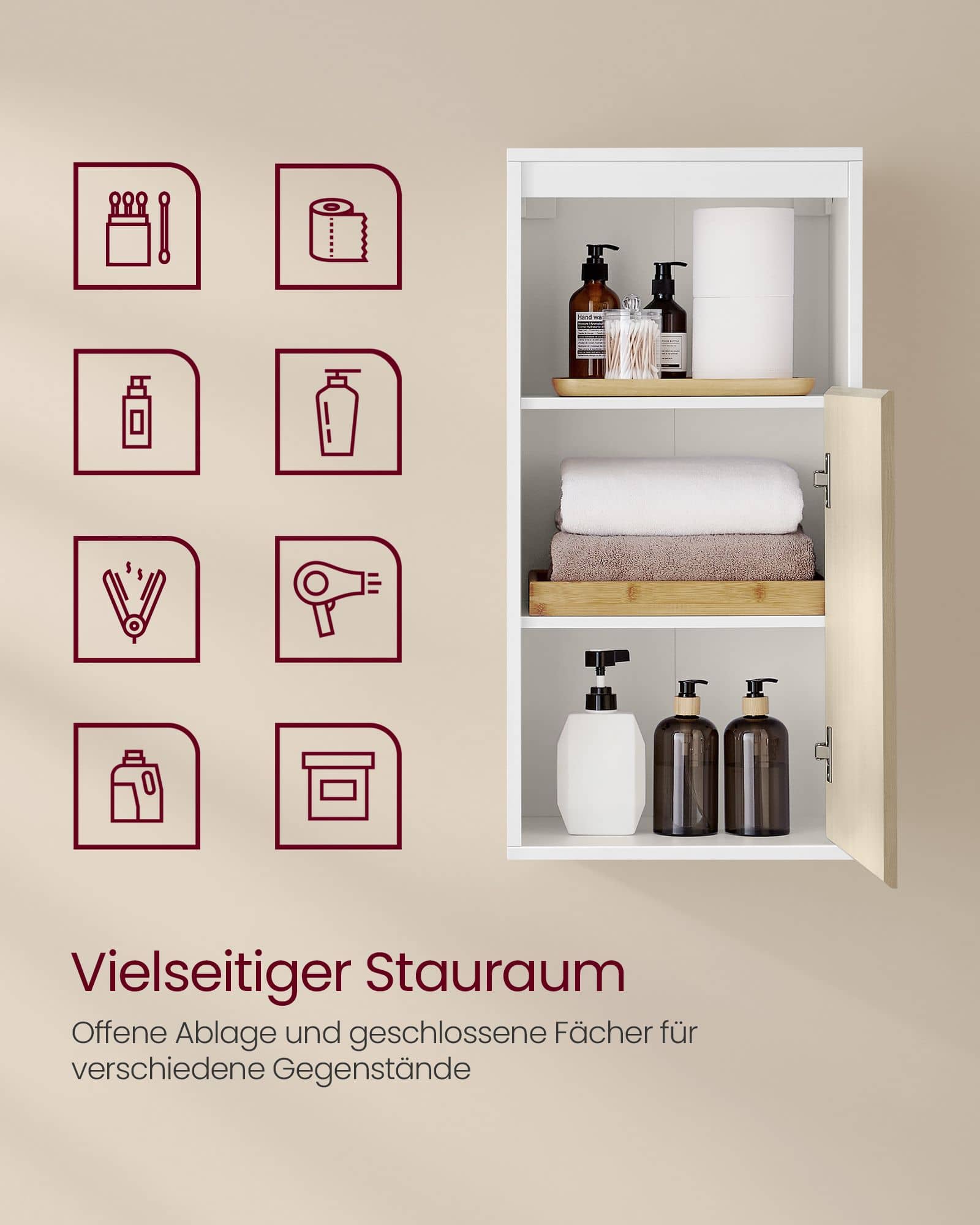 Badezimmerschrank hängend mit Tür und verstellbarer Ablage Badezimmerschrank hängend mit Tür und verstellbarer Ablage