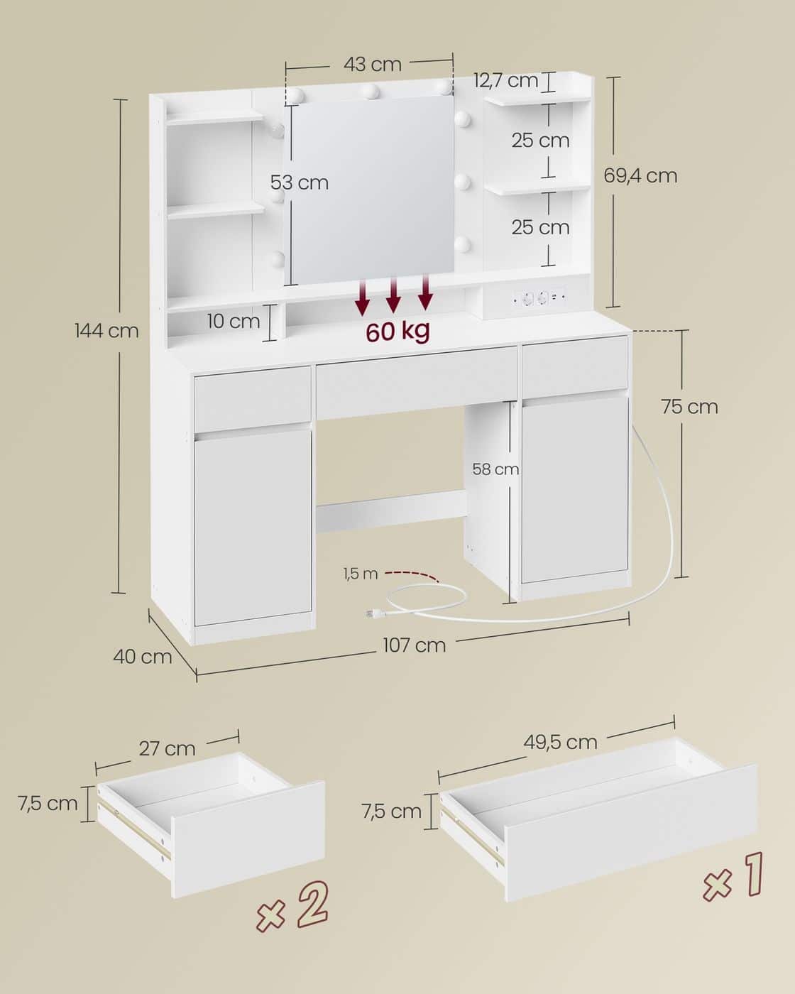 Kailyn Schminktisch mit Spiegel und LED Beleuchtung