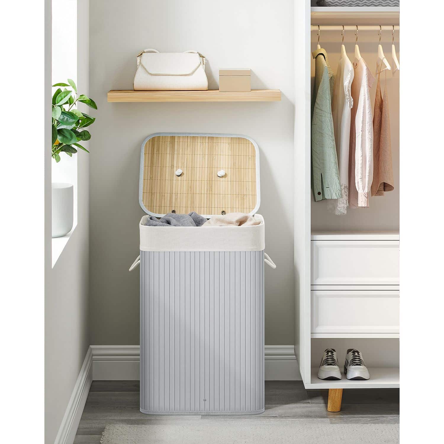 Wäschekorb mit Deckel, 72 L, Wäschesammler aus Bambus