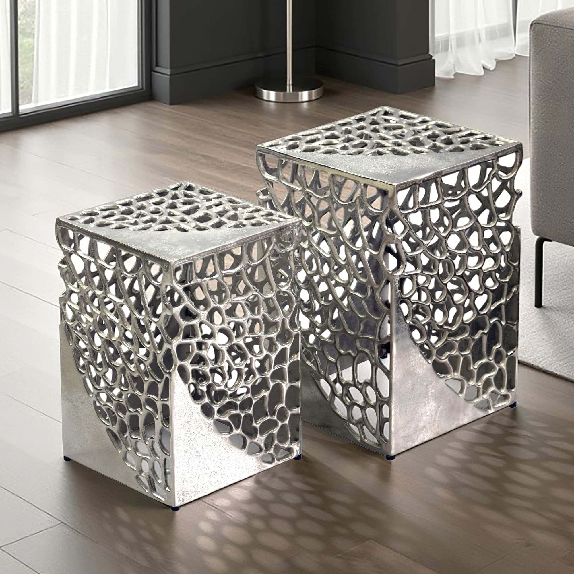 2er Set Beistelltisch Aluminium Silber - Design Couchtisch Set - Metalltisch Wohnzimmertisch modern Alu - Sofatisch quadratisch Metall - Loungetisch Set Satztisch Handmade