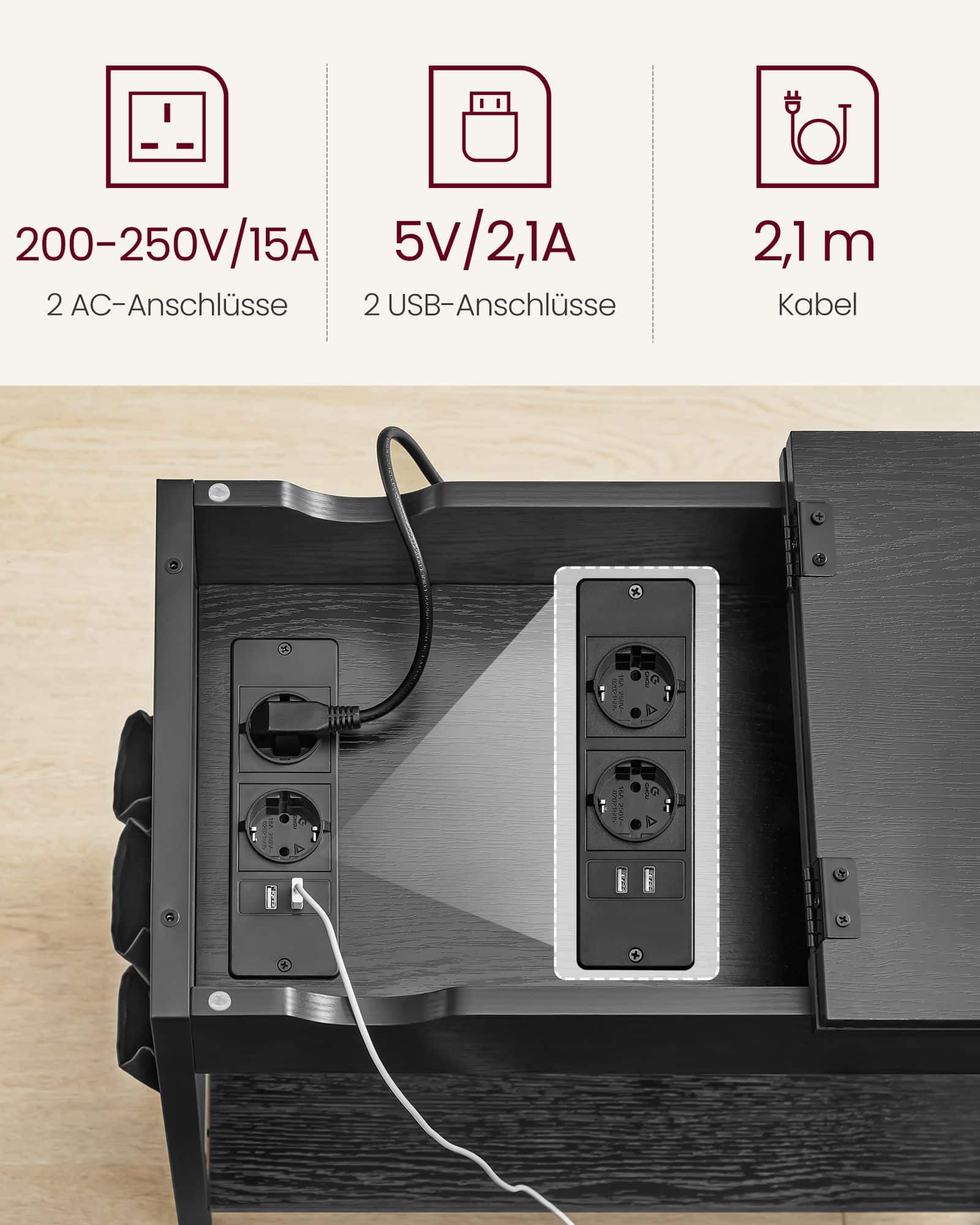 Beistelltisch mit Steckdose und USB-Anschlüssen schwarz mit Holzmaserung Beistelltisch mit Steckdose und USB-Anschlüssen schwarz mit Holzmaserung