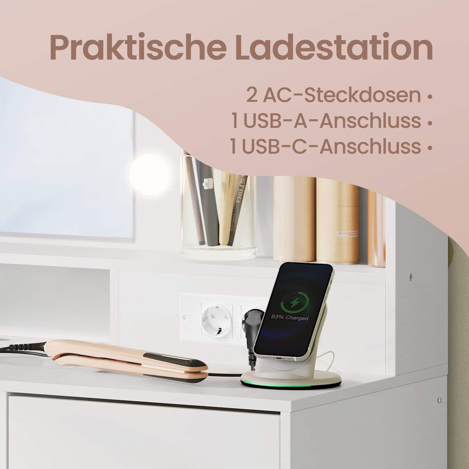 Schminkkommode, mit Spiegel und Beleuchtung, Ladestation Schminkkommode, mit Spiegel und Beleuchtung, Ladestation