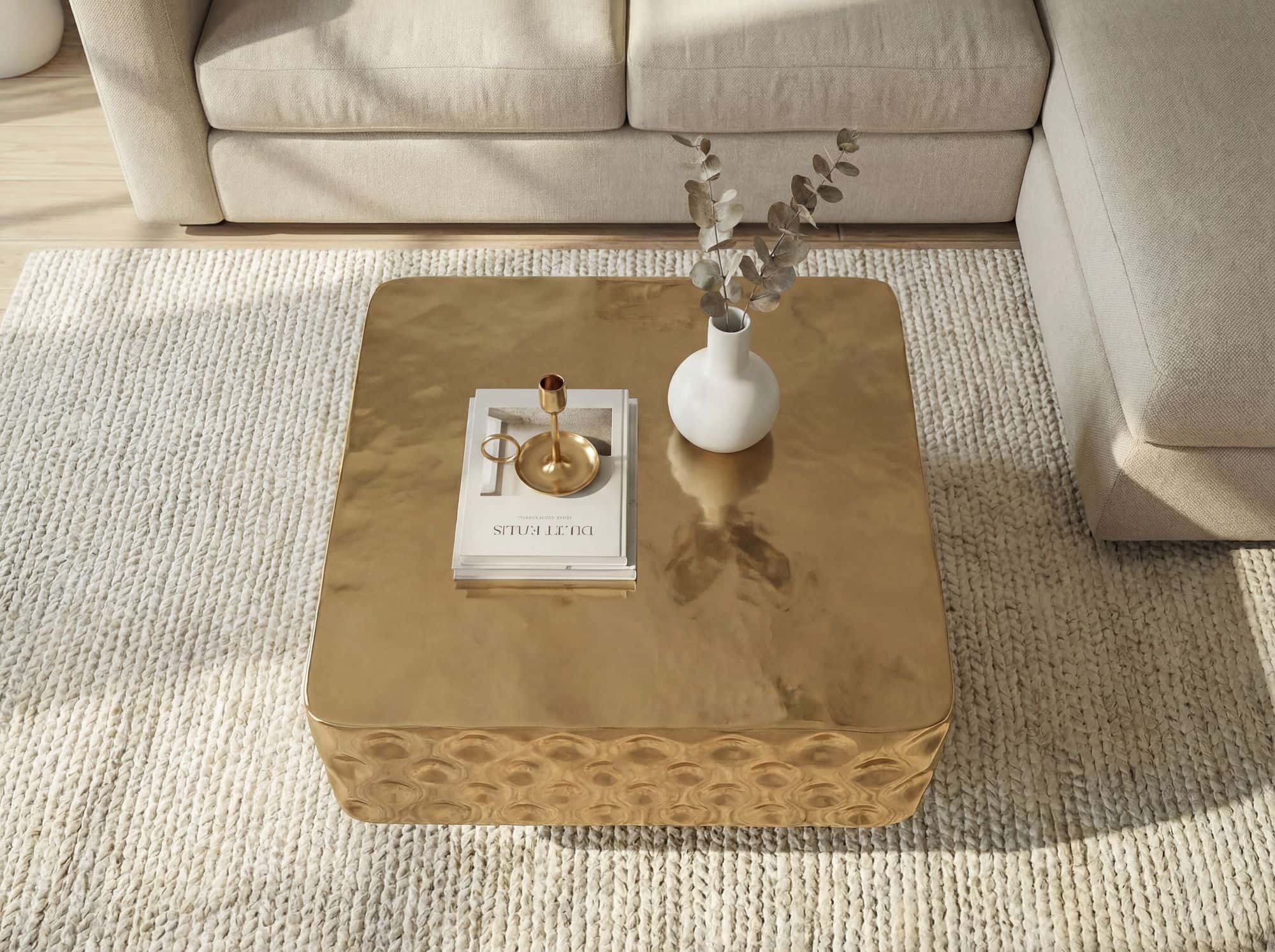 Couchtisch Aluminium Quadratisch 60cm Gold - Design Wohnzimmertisch Gehämmert - Moderner Loungetisch - Sofatisch Hammerschlag - Beistelltisch Wohnzimmer Handmade