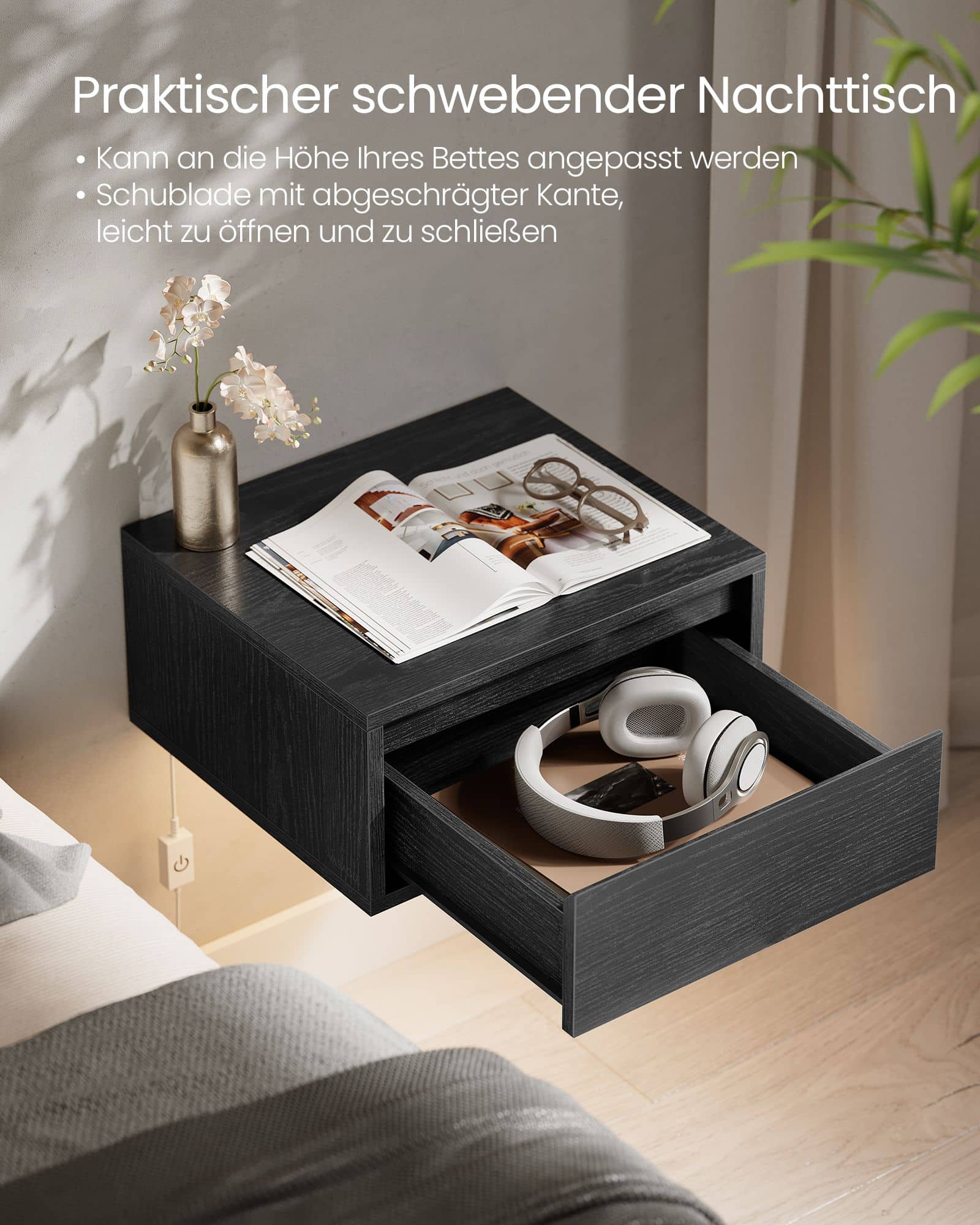 Nachttisch hängend mit Leuchten in 3 Farben ebenholzschwarz Nachttisch hängend mit Leuchten in 3 Farben ebenholzschwarz