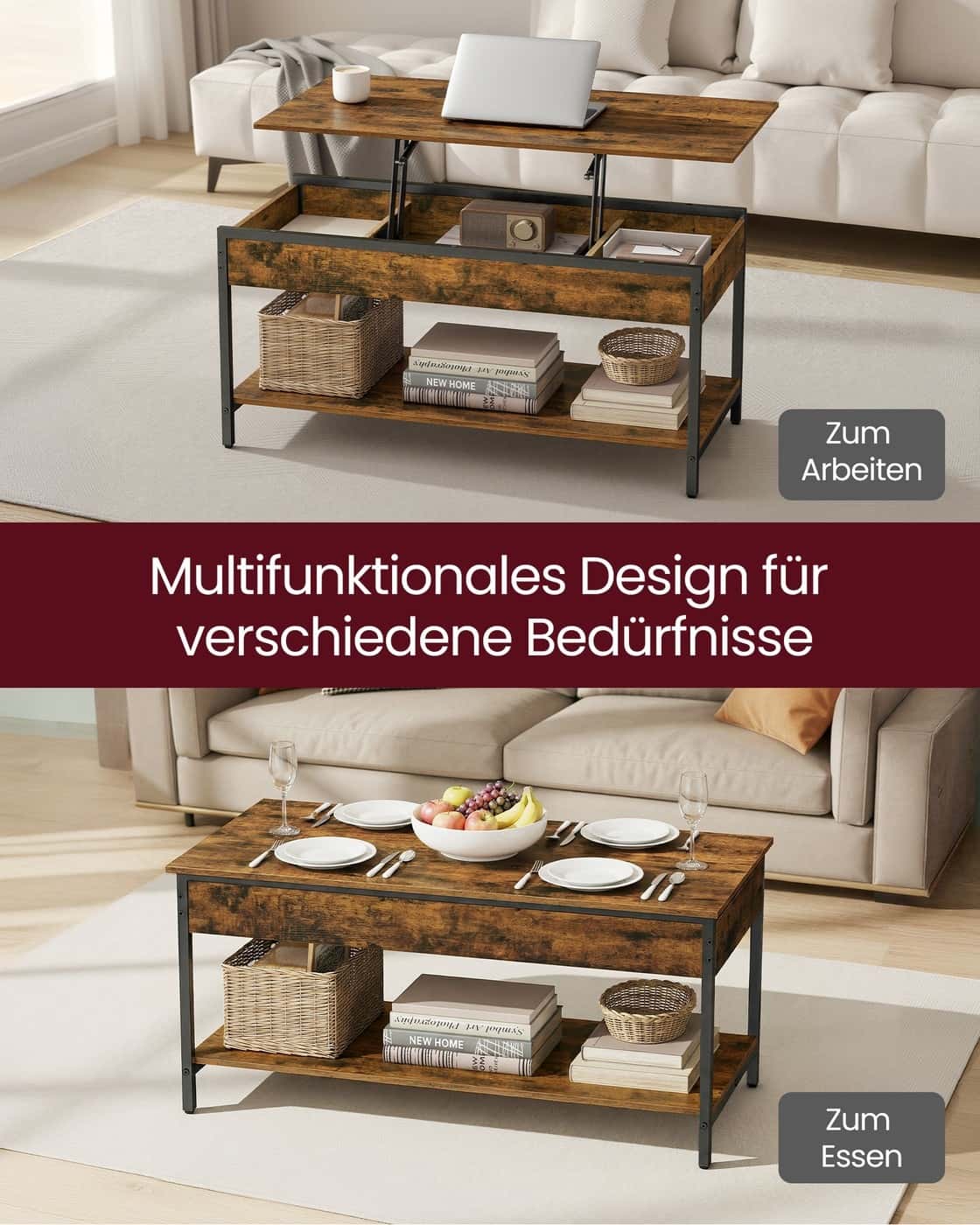 Couchtisch höhenverstellbar 50 × 100 cm mit Fach vintagebraun-tintenschwarz