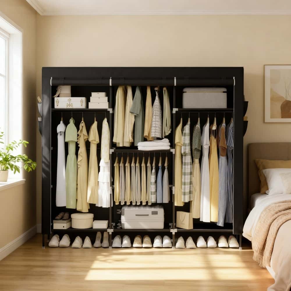 Stoffschrank mit Kleiderstange, Kleiderschrank mit Seitentaschen, Schrank für Schlafzimmer Stoffschrank mit Kleiderstange, Kleiderschrank mit Seitentaschen, Schrank für Schlafzimmer