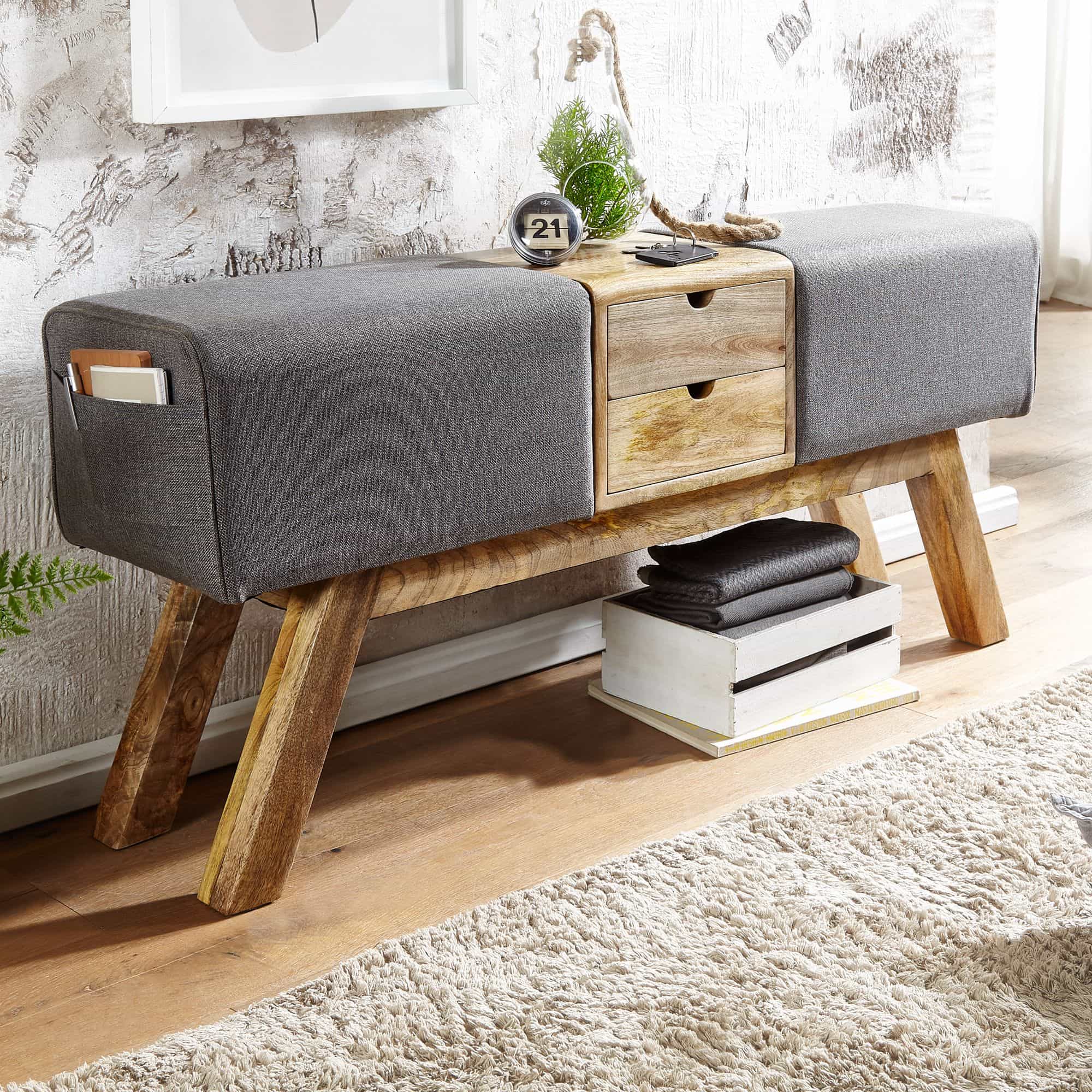 64421-Wohnling-Sitzbank-mit-2-Schublaeden-Stoffbezug-grau-120x28x53-cm-WL6-480-WL6-480 Design Turnbock Sitzbank Grau mit Schubladen 120x56x30 cm