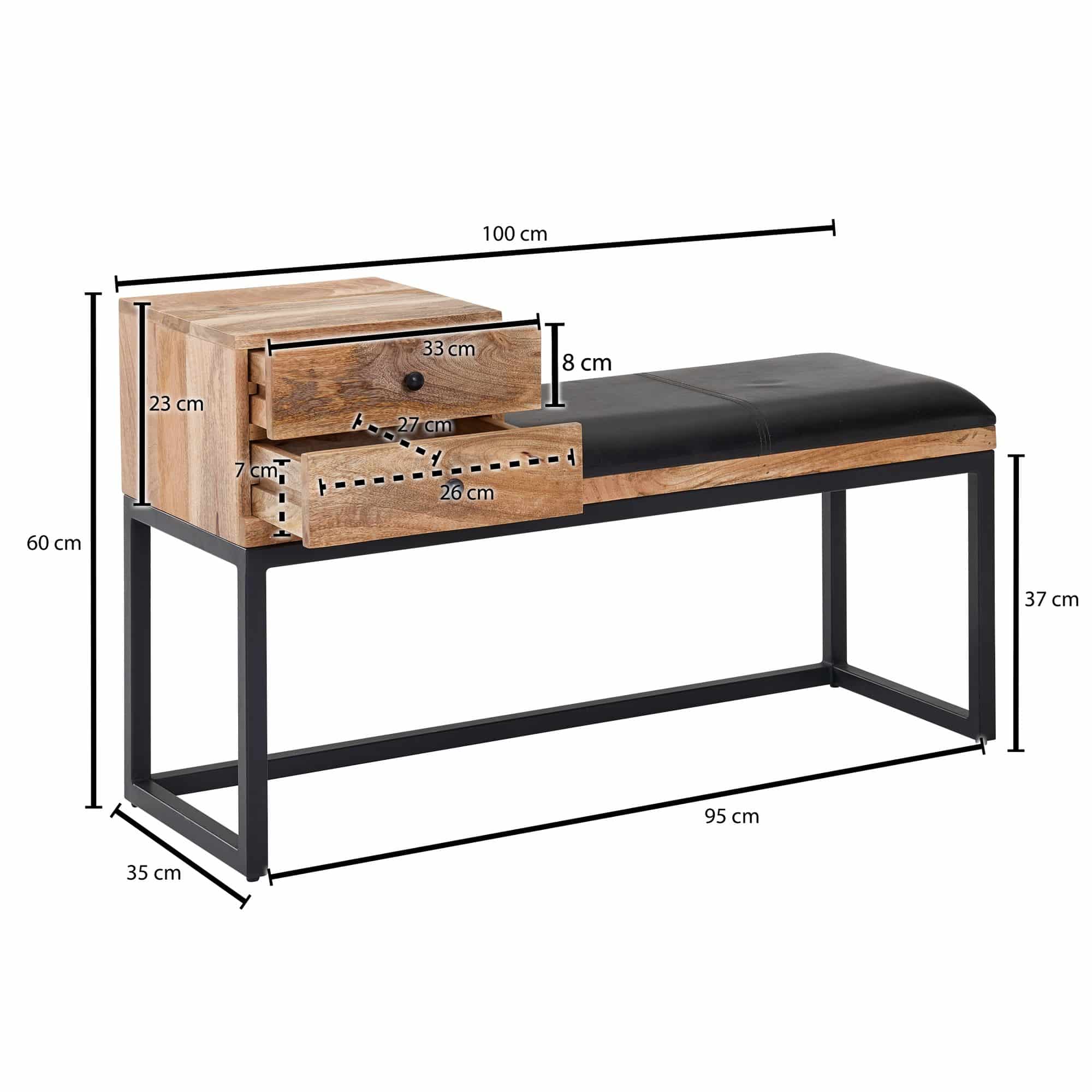 64426-Wohnling-Sitzbank-mit-festem-Eisen-Gestell-und-schwarzen-Leder-100x35x60-cm-WL6-483-WL6-483 Sitzbank Ziegenleder / Massivholz Bank 100x60x35 cm im Retro Stil