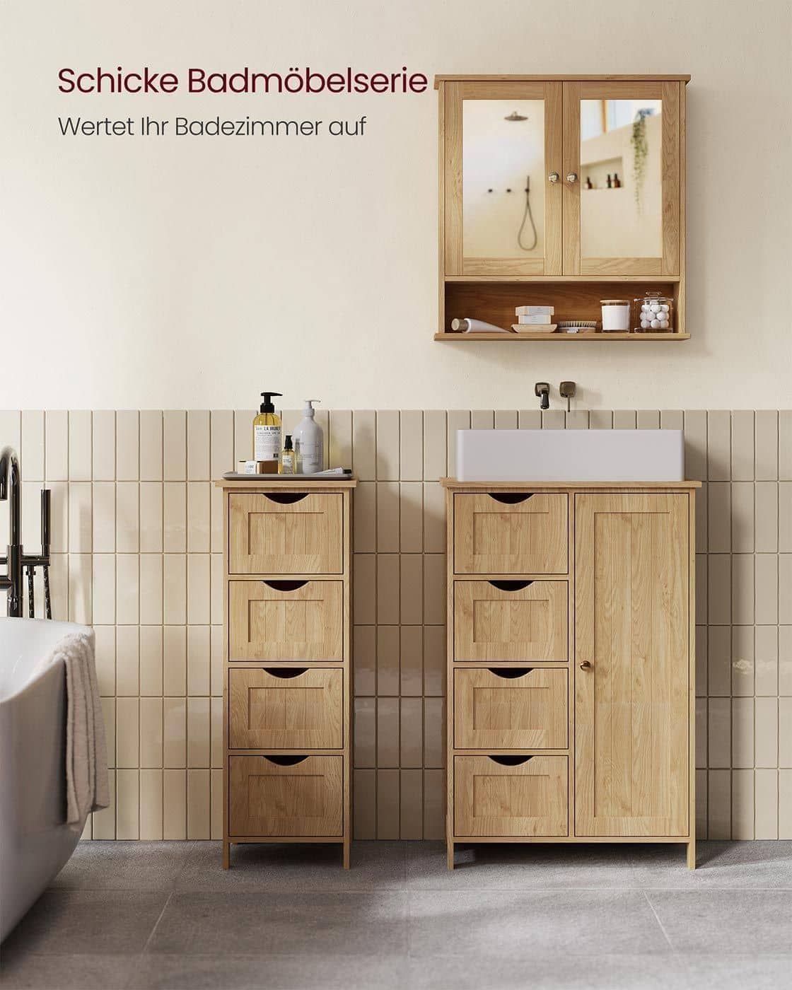 Spiegelschrank mit 2 Spiegeltüren und offenem Fach natureichenfarben Spiegelschrank mit 2 Spiegeltüren und offenem Fach natureichenfarben