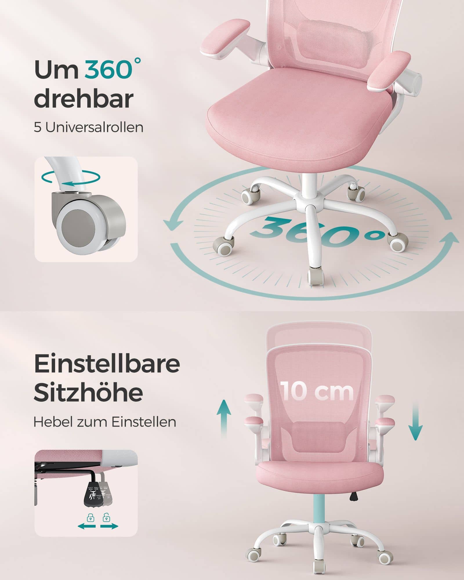 Bürostuhl gepolsterte Wippfunktion Armlehnen pastellrosa Bürostuhl gepolsterte Wippfunktion Armlehnen pastellrosa