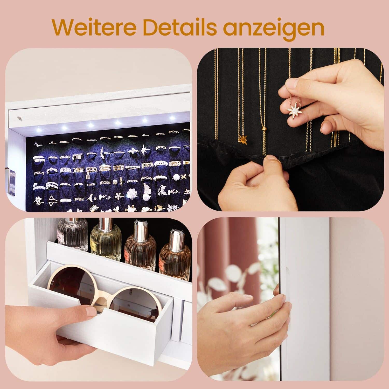 Schmuckschrank hängend, Spiegelschrank mit LED-Innenbeleuchtung, Wandschrank mit Ganzkörperspiegel Schmuckschrank hängend, Spiegelschrank mit LED-Innenbeleuchtung, Wandschrank mit Ganzkörperspiegel