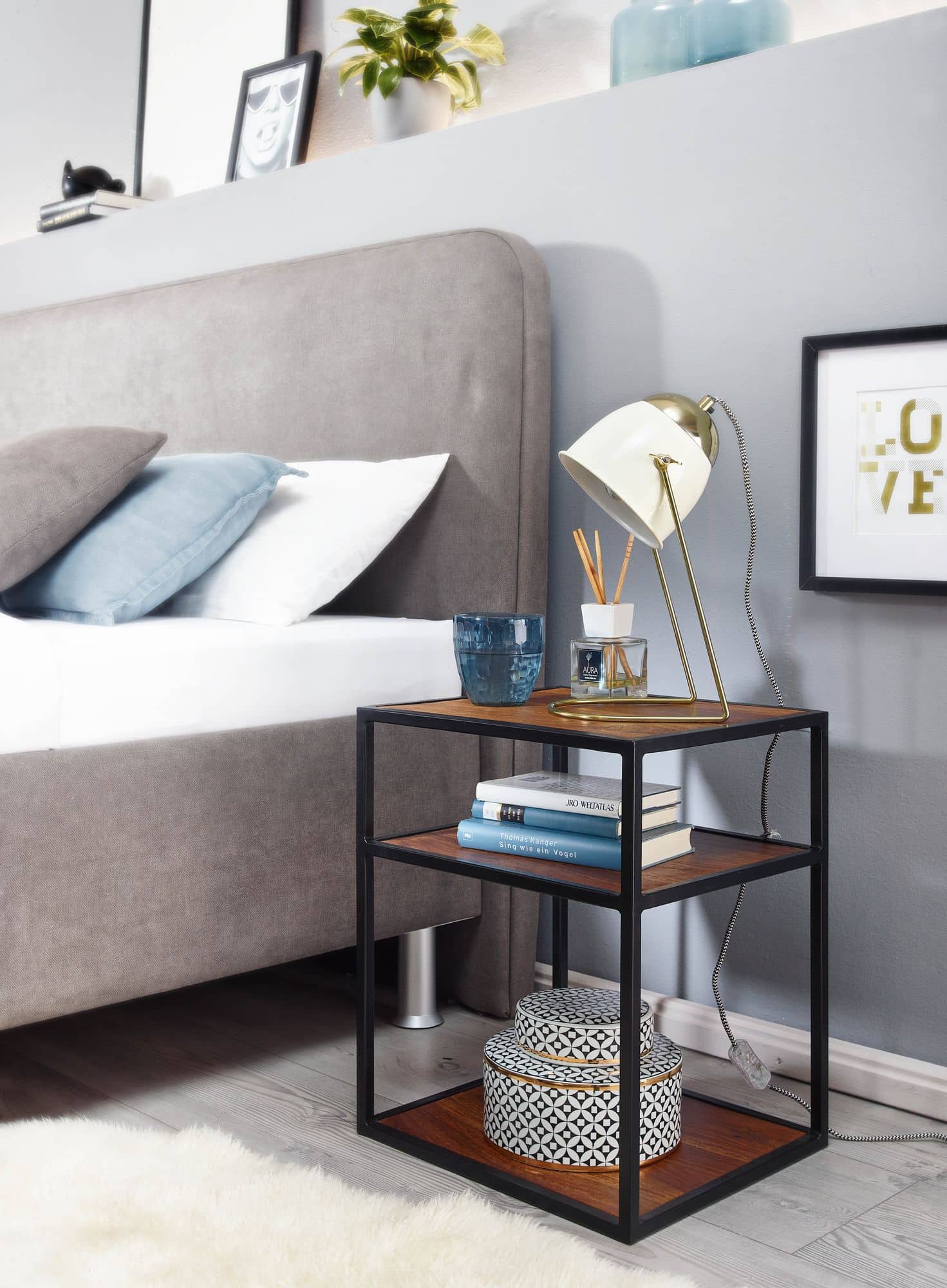 Nachttisch Sheesham Massivholz / Metall 40x50x35 cm Beistelltisch Hoch