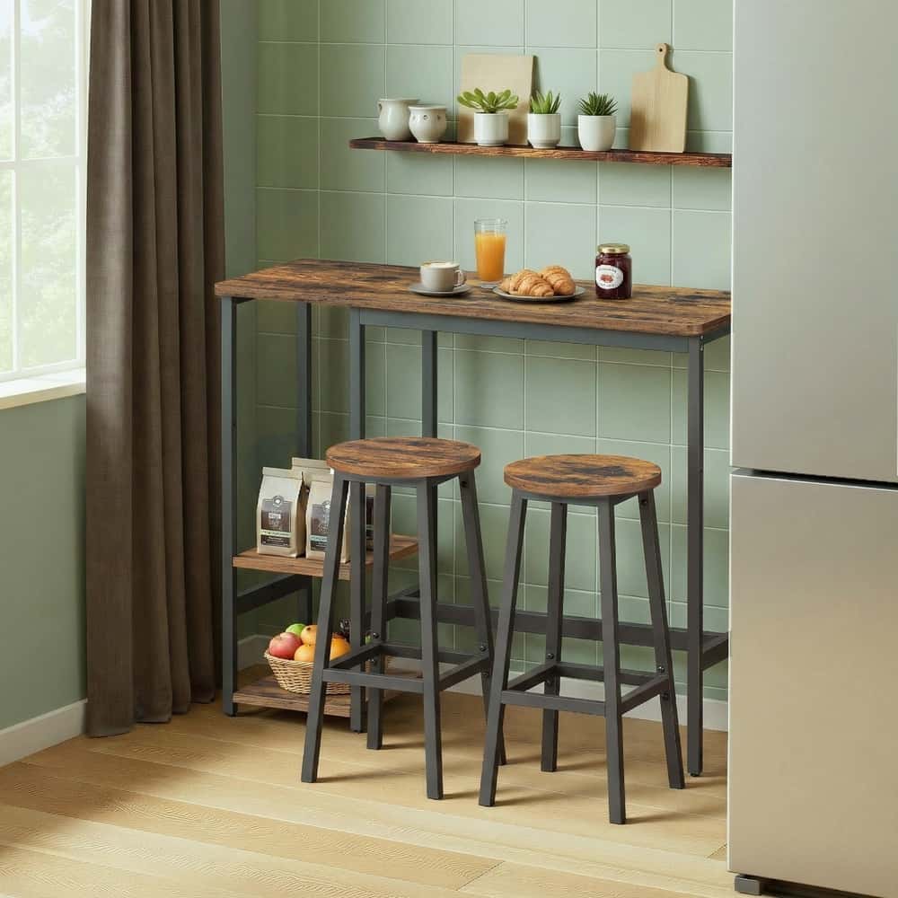 Bartisch-Set mit Regal, Essgruppe mit 2 Hockern, Metallgestell