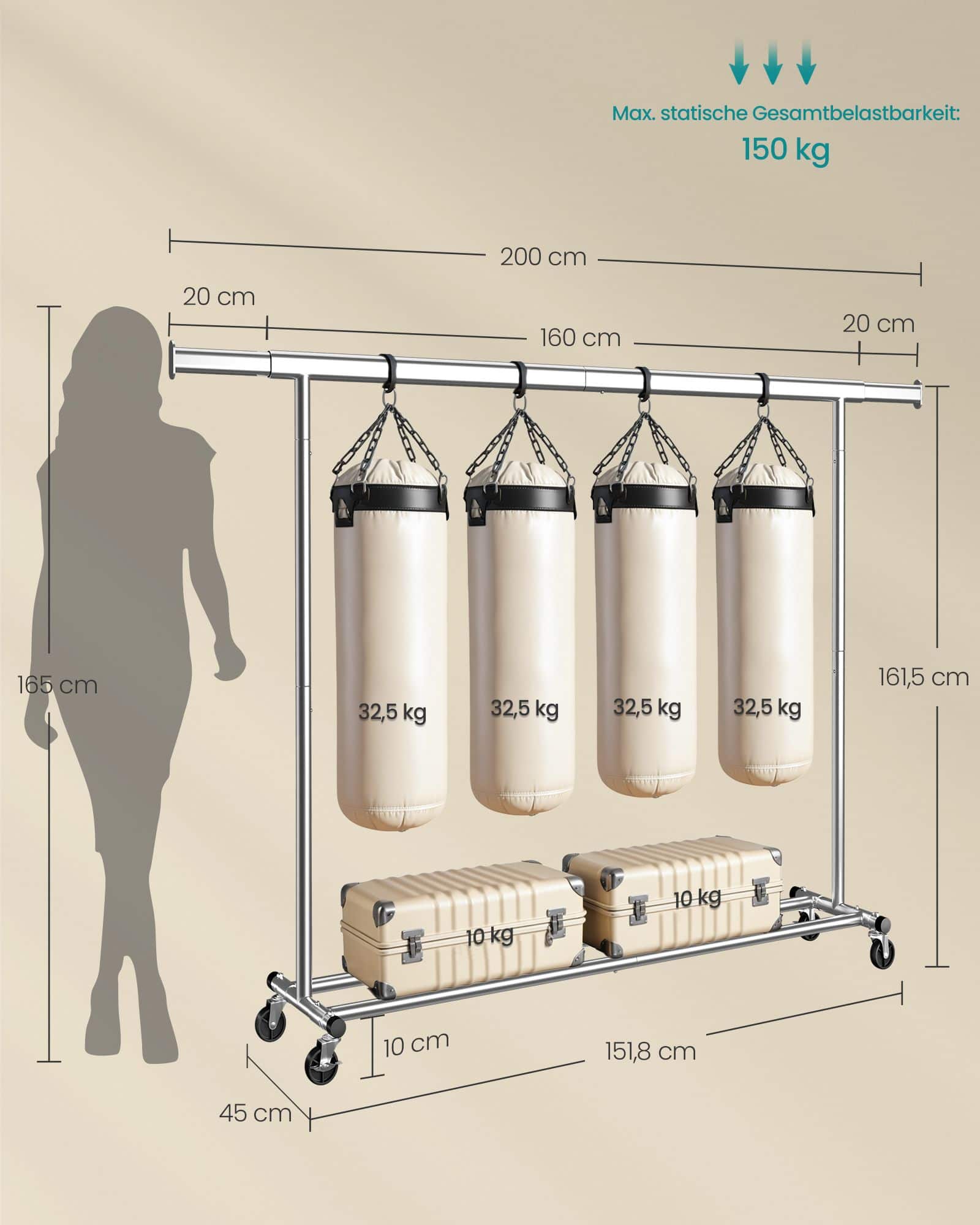 Kleiderständer auf Rollen mit ausziehbarer Kleiderstange silbern Kleiderständer auf Rollen mit ausziehbarer Kleiderstange silbern