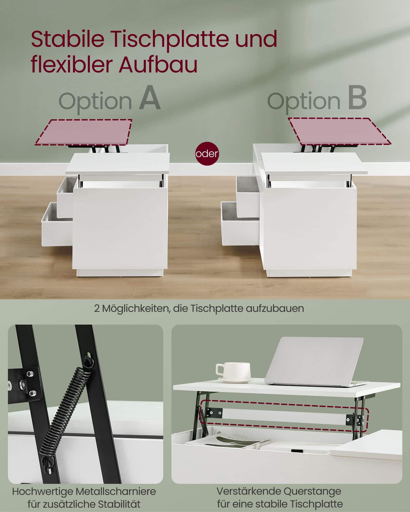 Couchtisch mit 2 Schubladen und Fächern schneeweiß