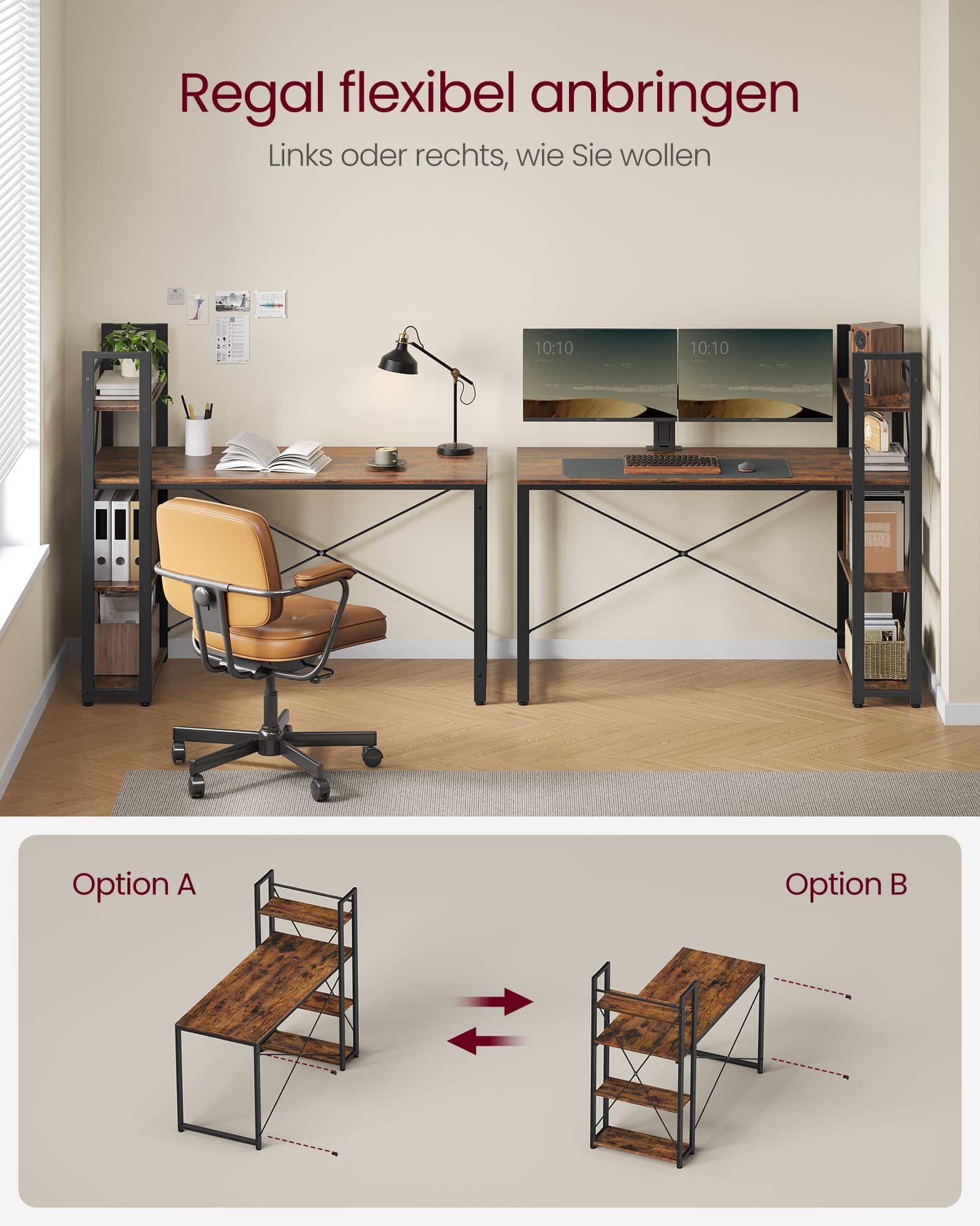 Computertisch mit Regalböden rechts oder links