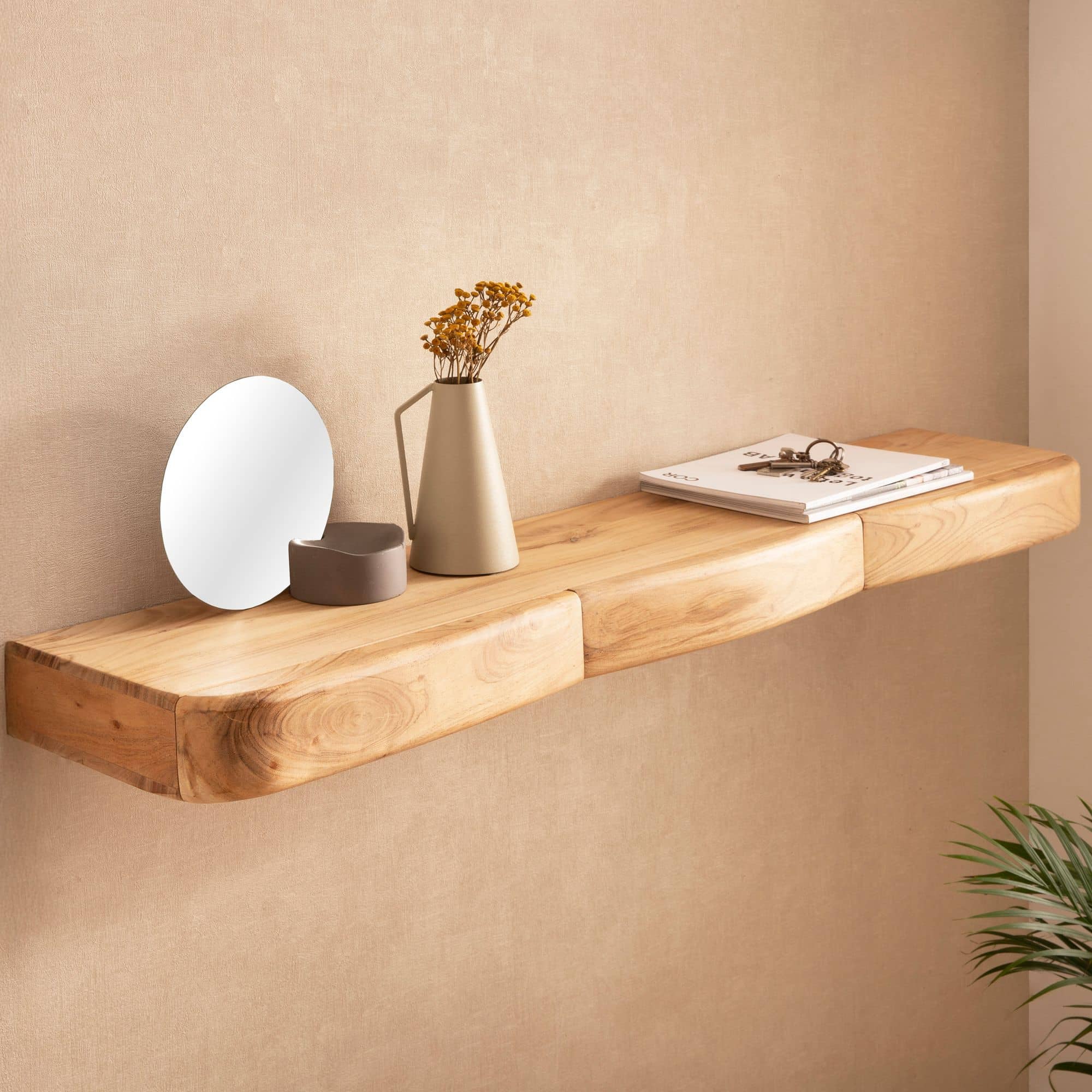 Wandregal Akazie Massivholz 120cm mit drei Schubladen - Design Regal für die Wand - Holz Wandboard mit Stauraum - Schwebendes Hängeregal aus Echtholz