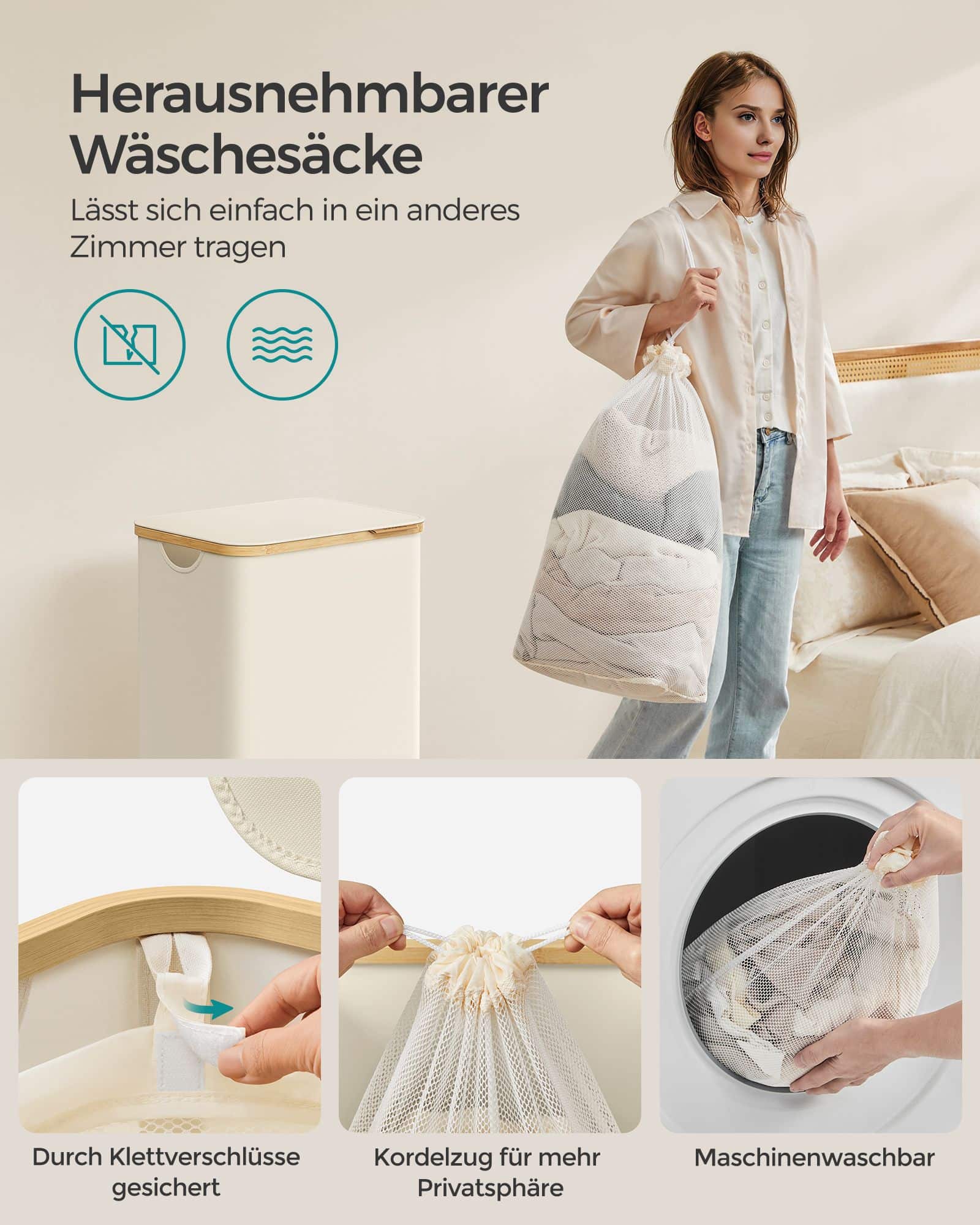 Wäschekorb 90 Liter mit herausnehmbarem Wäschesack cremeweiß Wäschekorb 90 Liter mit herausnehmbarem Wäschesack cremeweiß