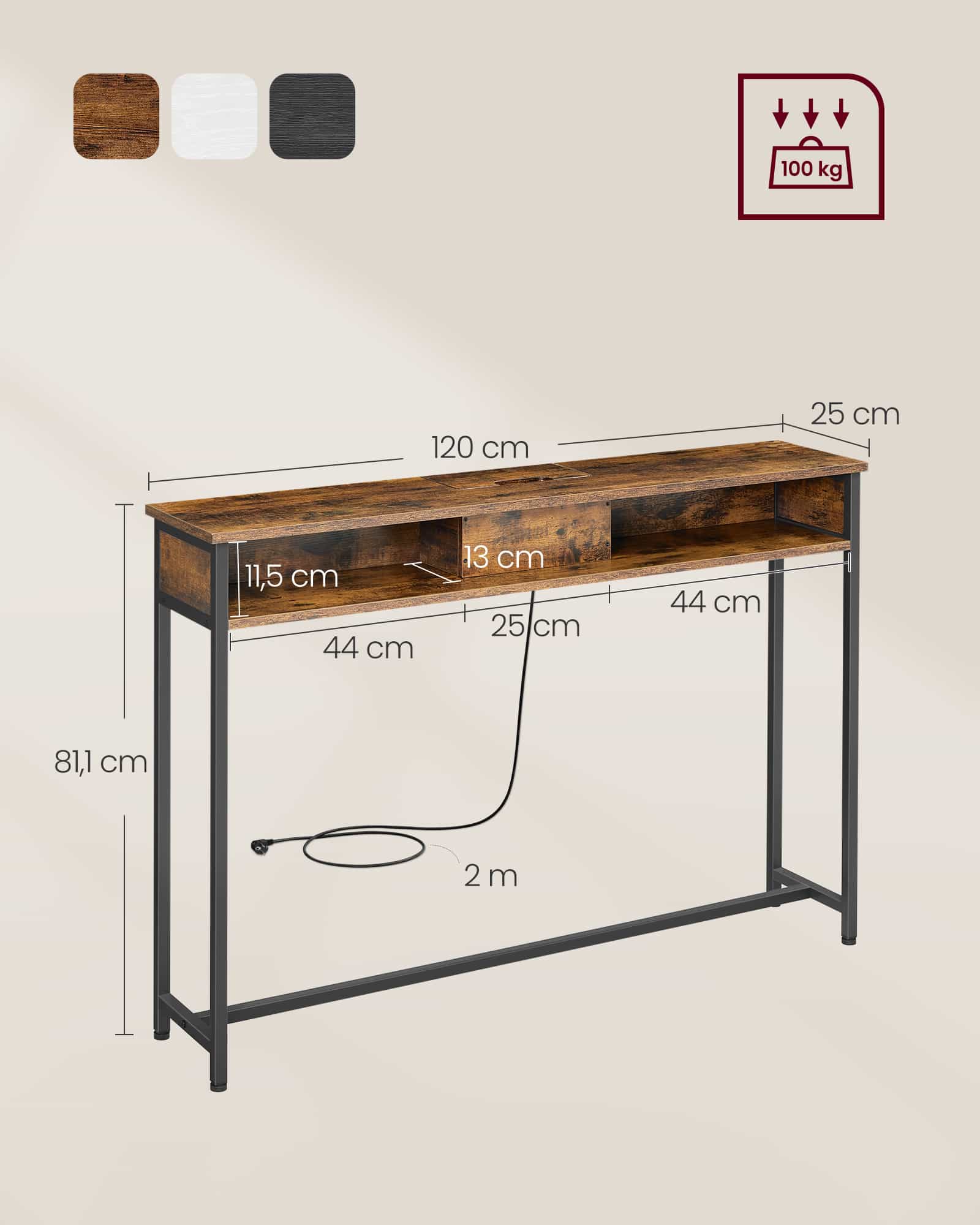 Konsolentisch mit Steckdosen platzsparend vintagebraun-tintenschwarz Konsolentisch mit Steckdosen platzsparend vintagebraun-tintenschwarz
