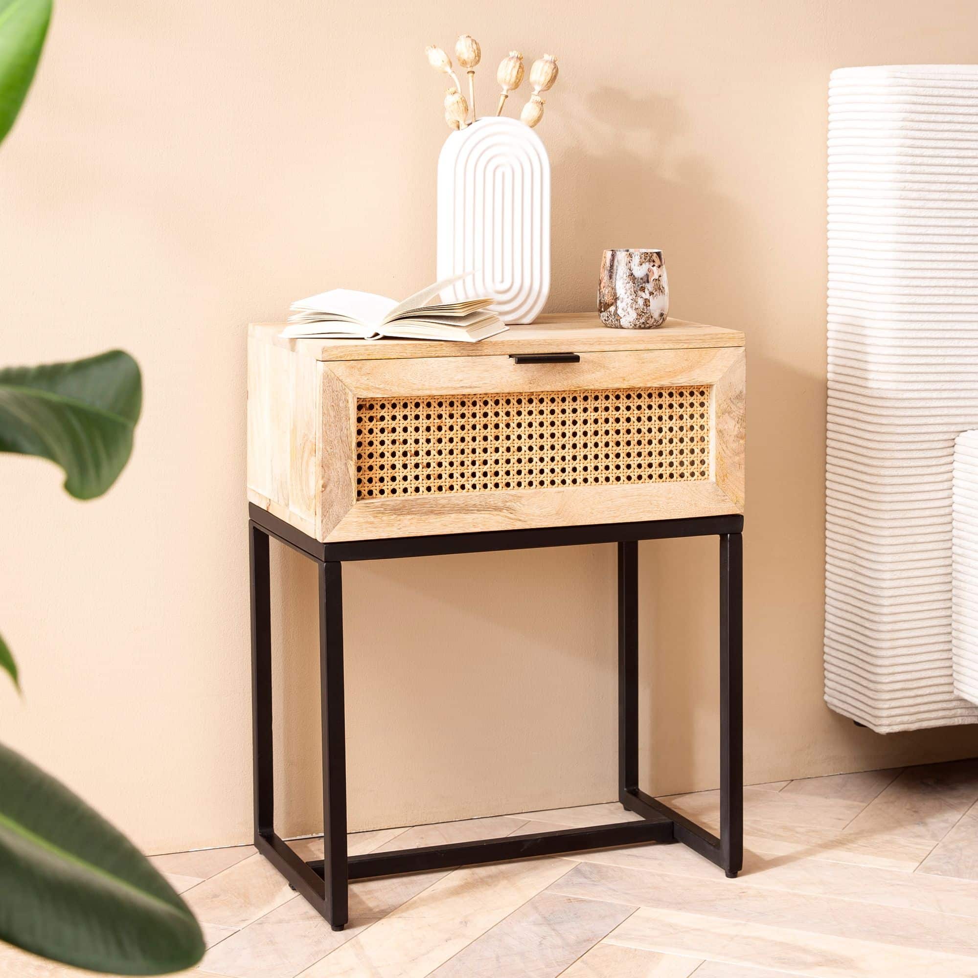 Nachtkonsole Mango Massivholz / Rattan 50x60x30 cm Nachttisch Braun Nachtkonsole Mango Massivholz / Rattan 50x60x30 cm Nachttisch Braun